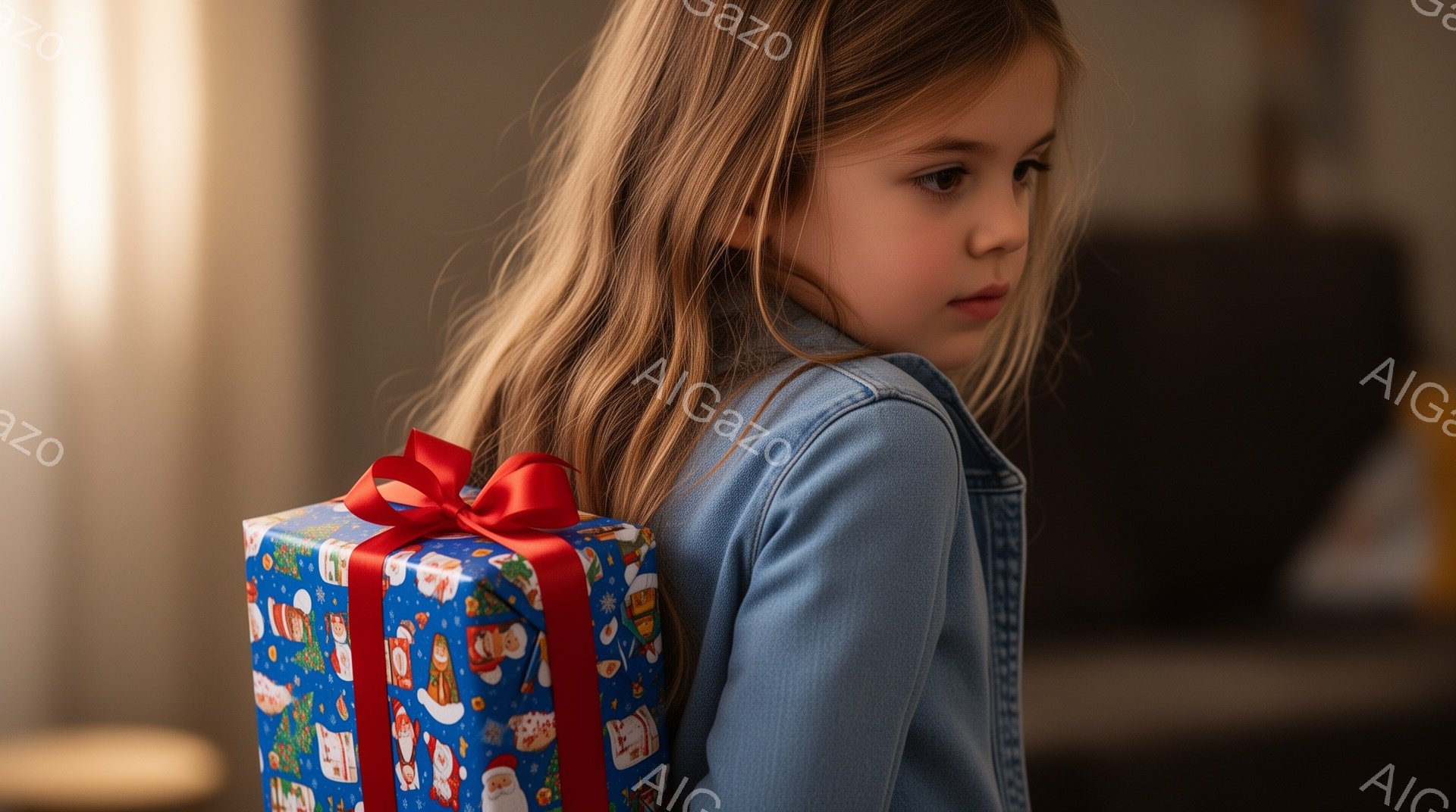 長いブロンドの髪を持つ少女が、青いセーターを着て、背中に青い包装紙で包まれた赤いリボンがついたプレゼントを抱えています。彼女は少し憂いのある表情で、横を向いて何かを考えているようです。背景は暗く、家の中のぼやけた様子が見え、全体的に穏やかで内省的な雰囲気です。