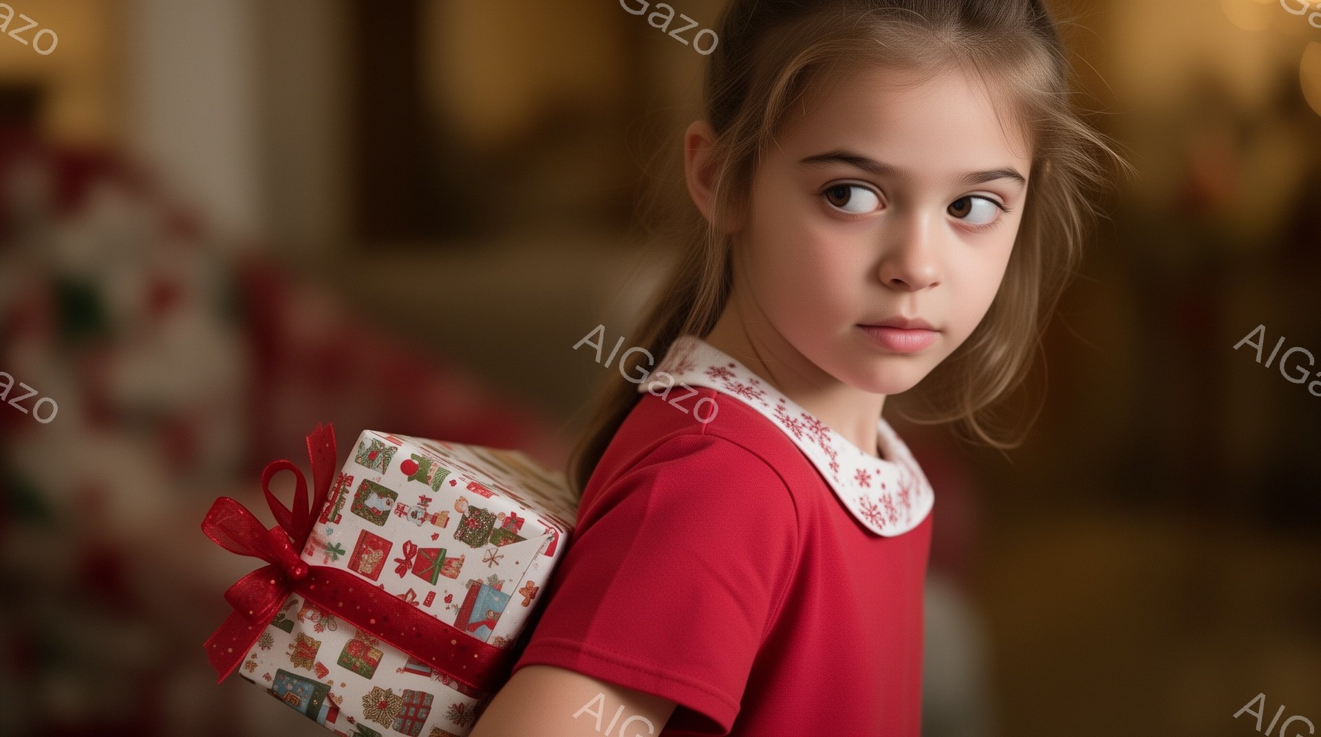 明るい赤色のワンピースを着た若い女の子が、プレゼントの箱を片方の肩に担いでこちらを振り返っています。彼女は茶色の髪を後ろで一つにまとめ、少し不機嫌そうな表情をしています。背景はぼやけていますが、クリスマスらしい装飾が施された室内であるようです。