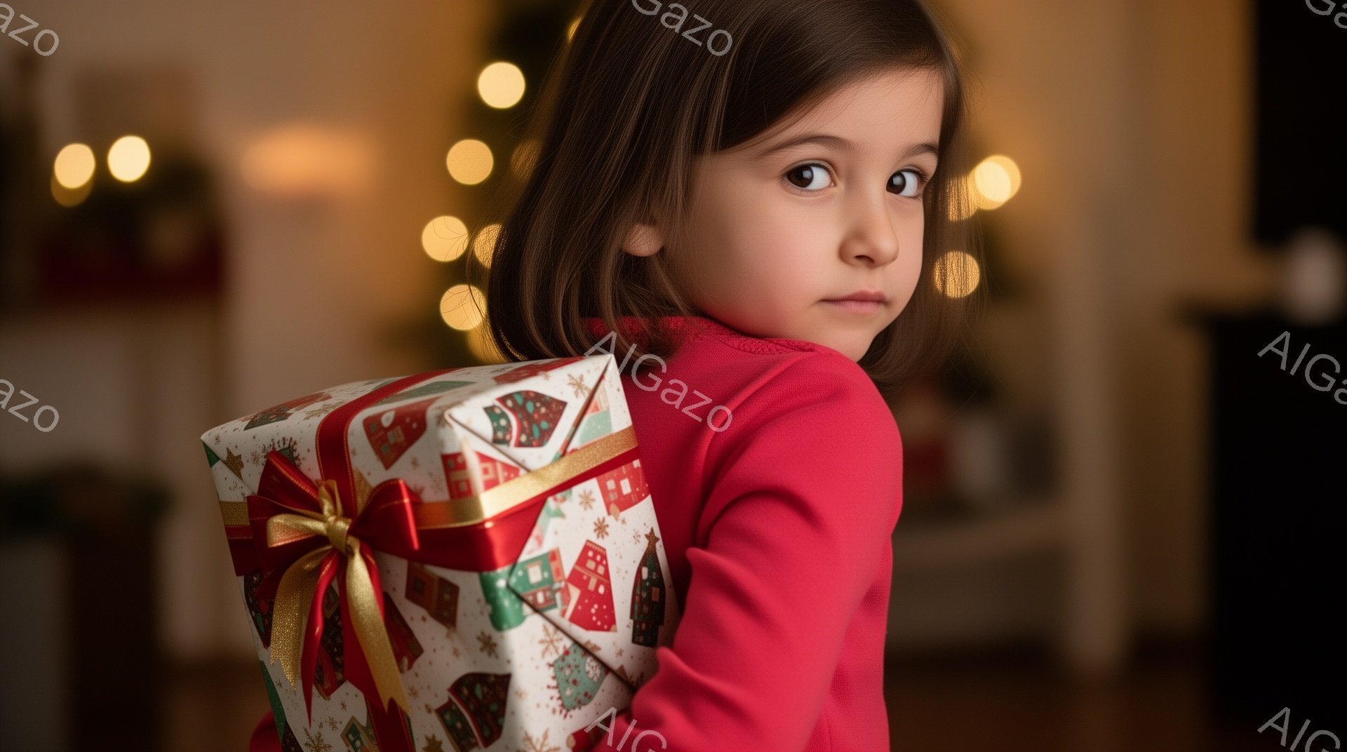 赤いセーターを着た幼い女の子が、クリスマス柄の大きなプレゼントの箱を背負っています。彼女は少し困ったような表情で、カメラの方向を少し外して見つめています。背景はぼやけており、クリスマスツリーの光が暖かく、お祝いムードを演出しています。