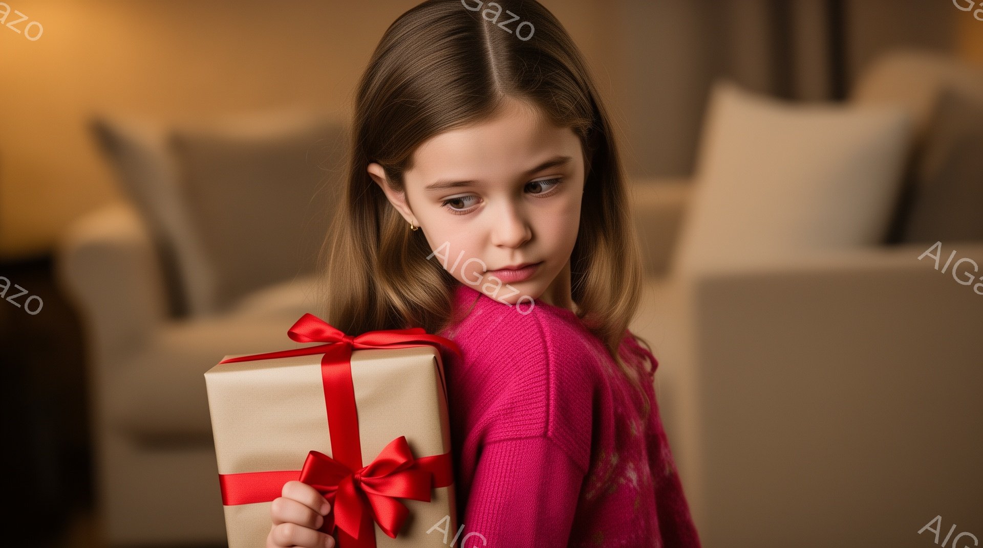 女の子はピンク色のセーターを着て、赤いリボンで結ばれた茶色のギフトボックスを片手で抱えています。彼女は少し横を向き、少し警戒したような表情をしています。背景にはベージュ色のソファがあり、部屋全体が温か - AI生成フリー素材