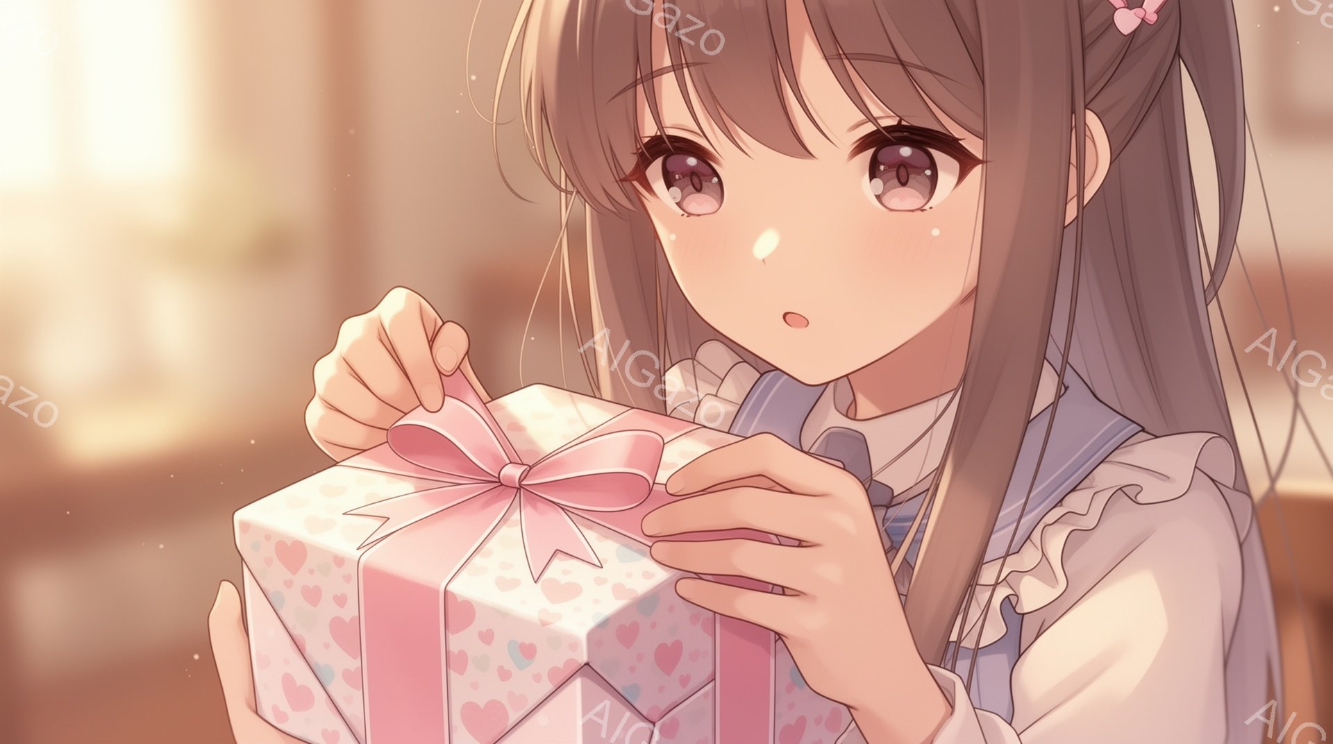 長い茶色の髪をサイドに流し、白い襟と淡いピンクのリボンがアクセントの薄い水色のブラウスを着た少女が描かれています。彼女はハート柄のピンク色のギフトボックスを両手で開けようとしており、驚いた表情を浮かべています。背景はぼかされており、暖色系の光が差し込み、全体的に柔らかく優しい雰囲気を醸し出しています。