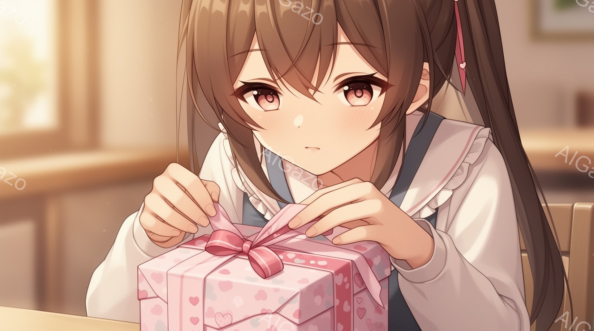 長い黒髪をツインテールにした少女が、ピンク色のハート柄のリボンで結ばれたプレゼントの箱を開けようとしています。白いブラウスと紺色のベストを着ており、少し微笑んだ表情で優しげな雰囲気を醸し出しています。 - AI生成フリー素材