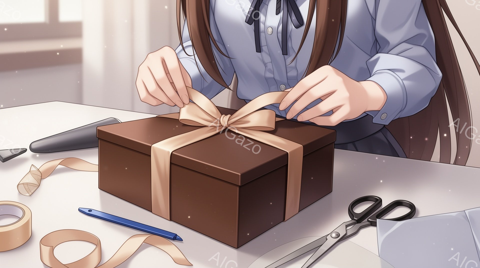 茶色のギフトボックスに薄茶色のリボンを結んでいる女性の手が写っています。女性は水色のシャツを着ており、長い茶色の髪を背中に垂らしています。背景にはペン、ハサミ、リボンの切れ端があり、明るく柔らかな光が全体を包み込み、穏やかな雰囲気を醸し出しています。