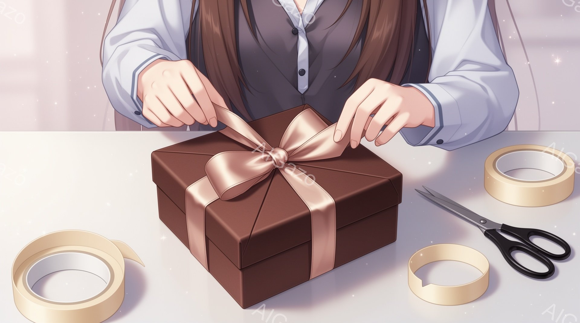茶色のギフトボックスにリボンを結ぶ手が写っている。着用者は明るい色のシャツを着ており、背景には散らばったリボンとハサミが見える。全体的に温かく、贈り物への愛情が感じられる雰囲気である。