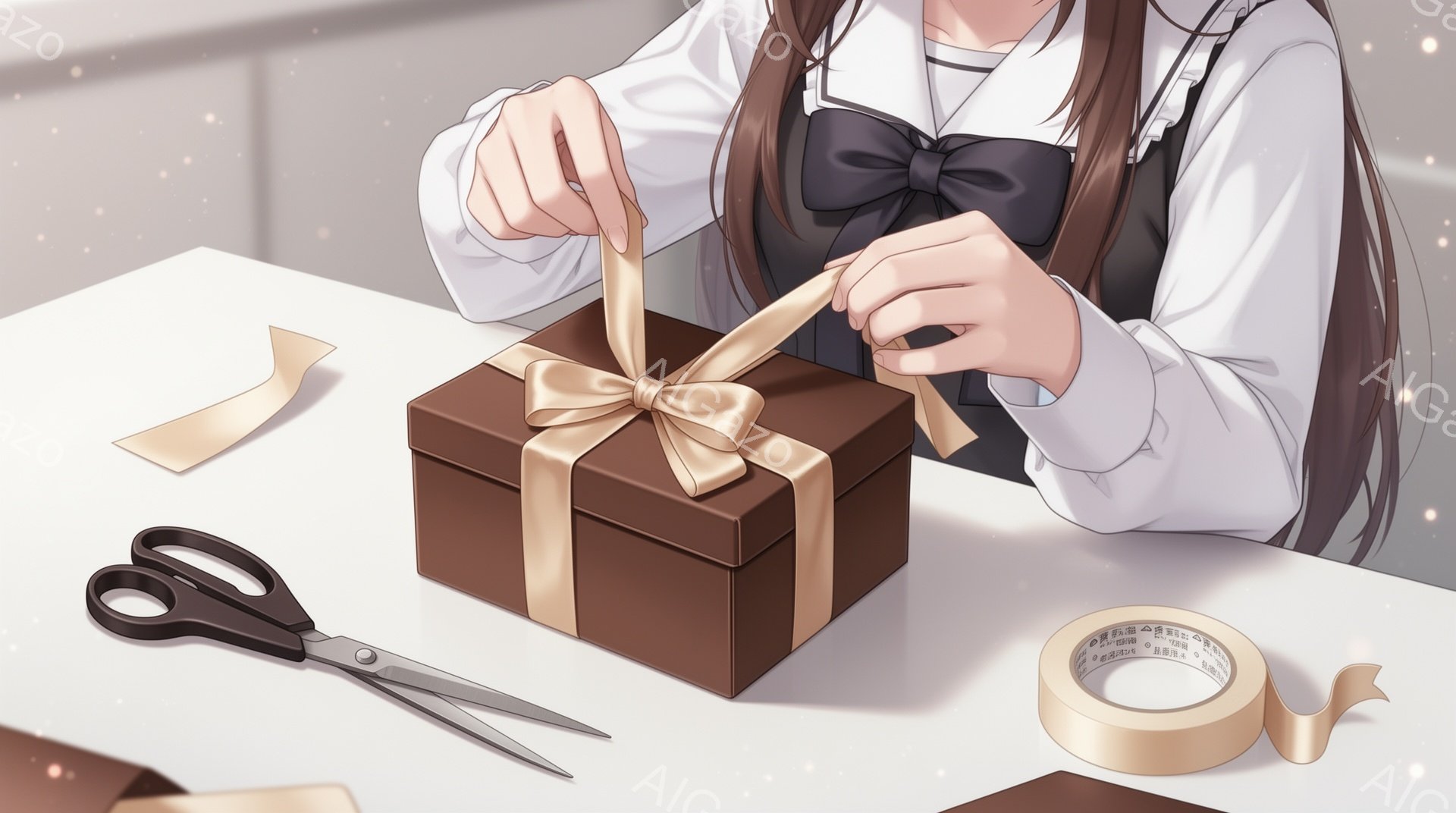 画像には、茶色の髪をリボンで結んだ若い女性が、茶色の箱にリボンを結ぶ様子が描かれています。彼女は白いブラウスと濃い色のスカートを着ており、真剣な表情でプレゼントをラッピングしています。背景には、ハサミ - AI生成フリー素材