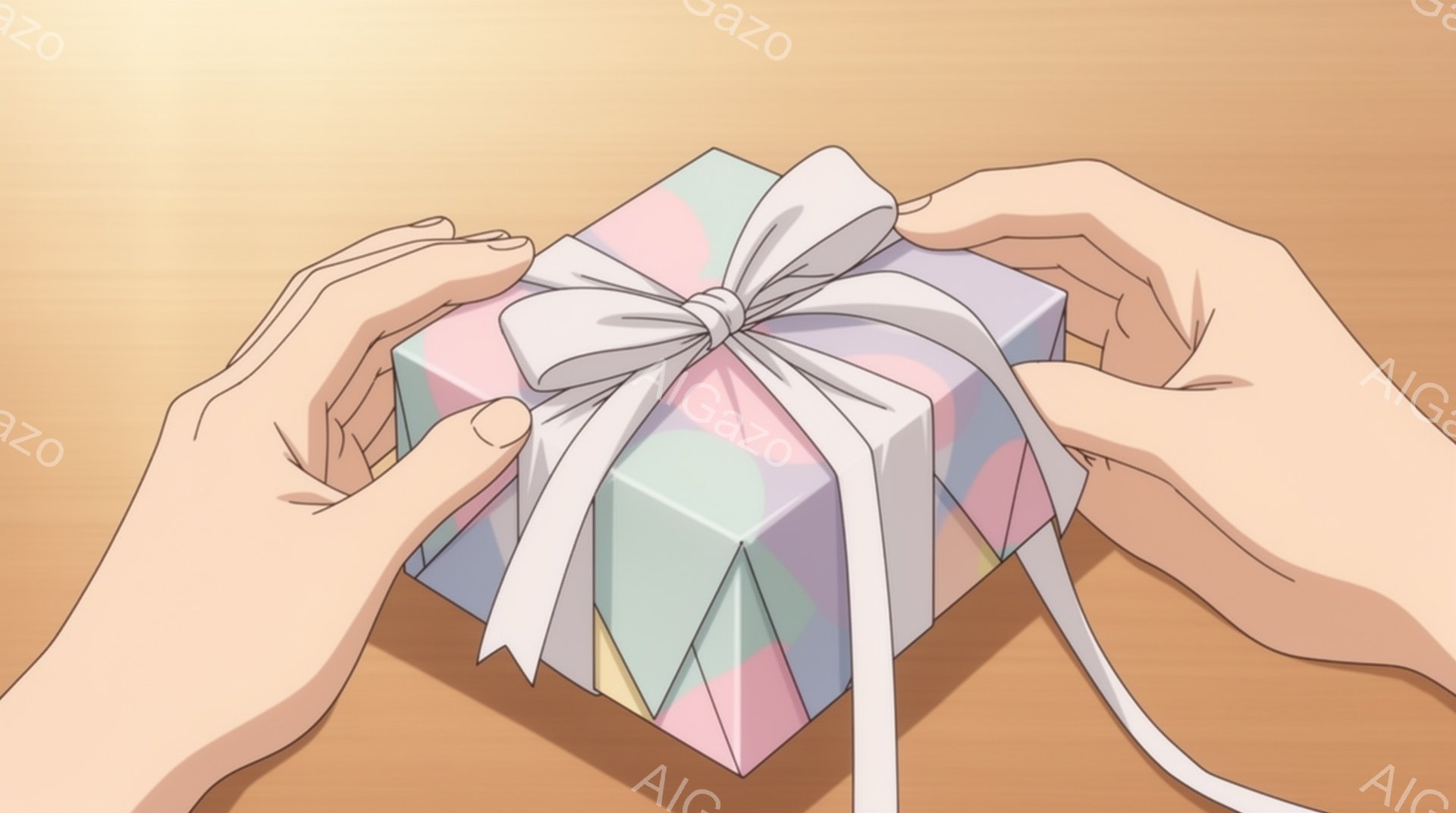 左右から手が現れ、パステルカラーの幾何学模様が施された立方体のプレゼントボックスを包む白いリボンを握っています。背景は明るいベージュ色で、全体的に柔らかく温かい雰囲気を醸し出しています。プレゼントボッ - AI生成フリー素材