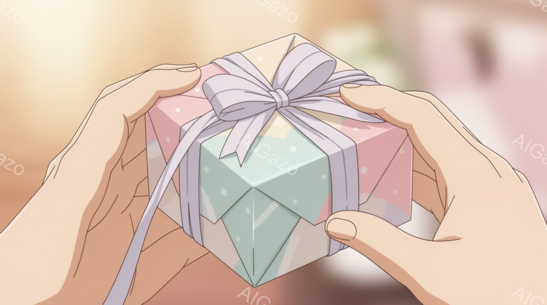 左右の手が、パステルカラーのギフトボックスを包み込むように持っています。ギフトボックスはピンク、水色、緑色を基調とした立方体で、周囲にリボンが巻かれ、可愛らしい印象を与えます。背景はぼかされており、暖かく柔らかな雰囲気が漂っています。