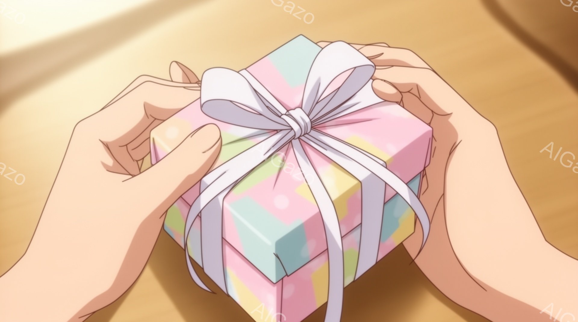 ピンクと水色のストライプ模様のギフトボックスが、白いリボンで丁寧にラッピングされており、両手で大切に抱えられています。背景はぼやけており、暖色系の光が差し込んでいるように見えます。全体的に、愛情や感謝 - AI生成フリー素材