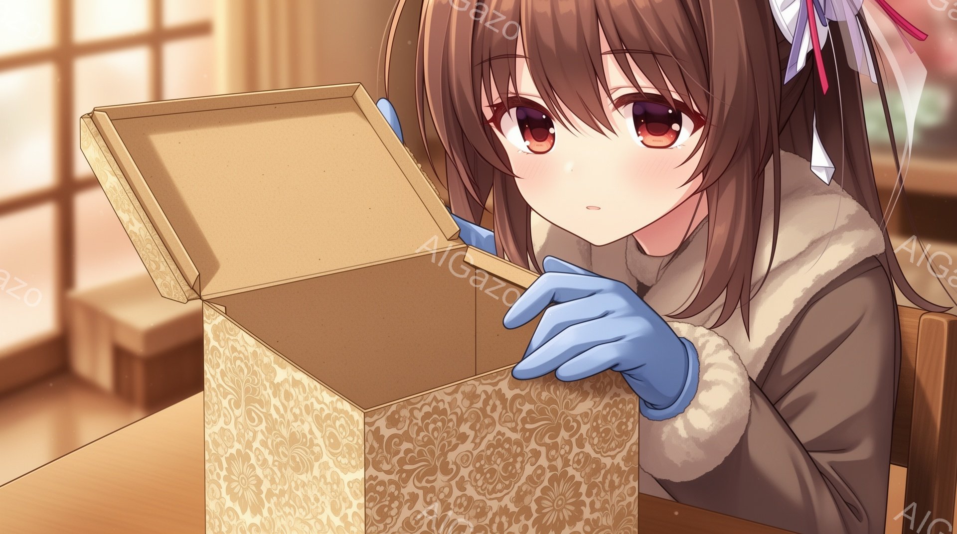 長い茶色の髪に赤いリボンをつけた少女が、装飾された箱を開けようとしています。彼女は水色の手袋と白い毛皮の襟付きのコートを着ており、少し緊張した表情を浮かべています。背景は木製のテーブルとぼやけた部屋で、全体的に柔らかく暖かい雰囲気です。