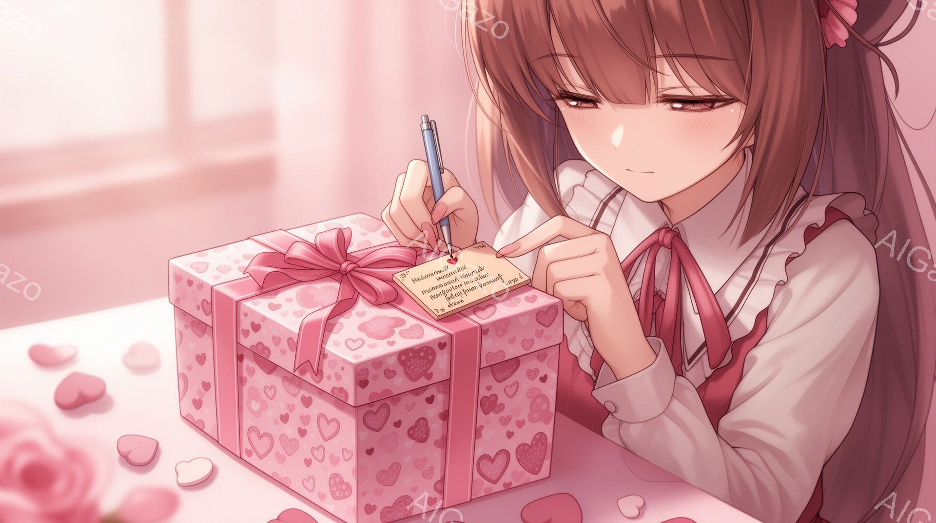 画像には、長い黒髪で制服を着た少女が描かれています。彼女はピンク色のリボンで飾られた大きなギフトボックスの前に立っており、少し照れたような表情で微笑んでいます。背景は淡いピンク色で、ハート型の紙吹雪が舞っており、全体的に甘くロマンチックな雰囲気です。
