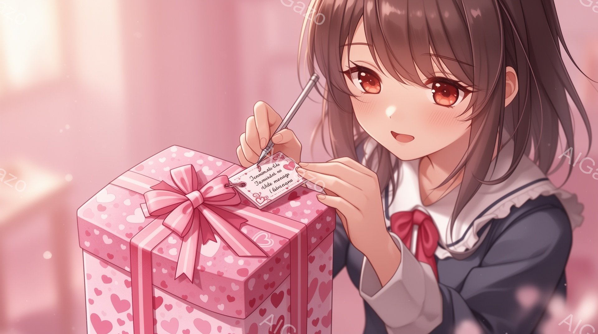 長い茶色の髪と赤い瞳を持つ少女が、大きなピンク色のハート柄のプレゼントボックスのリボンを結んでいます。彼女は白いブラウスにネイビーのジャケットを着ており、少し微笑んだ表情で、優しい雰囲気を醸し出してい - AI生成フリー素材