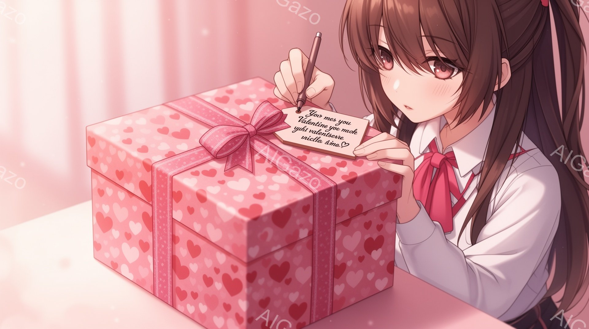 長い黒髪で、白いシャツを着た若い女性が描かれています。彼女は大きなピンク色のハート柄の箱にリボンを結び、少し照れくさそうな表情をしています。背景はぼやけており、箱が強調されています。 - AI生成フリー素材