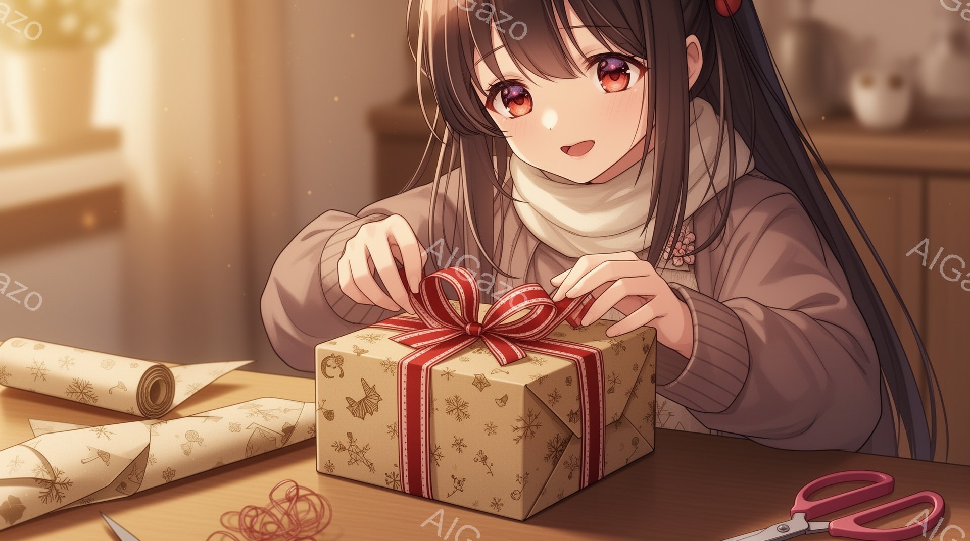 長い黒髪をセンターパートにした若い女性が、茶色のギフトボックスに赤いリボンを結んでいます。彼女は白いセーターを着ており、優しい微笑みを浮かべています。背景にはラッピングペーパーやハサミが置かれ、温かく - AI生成フリー素材