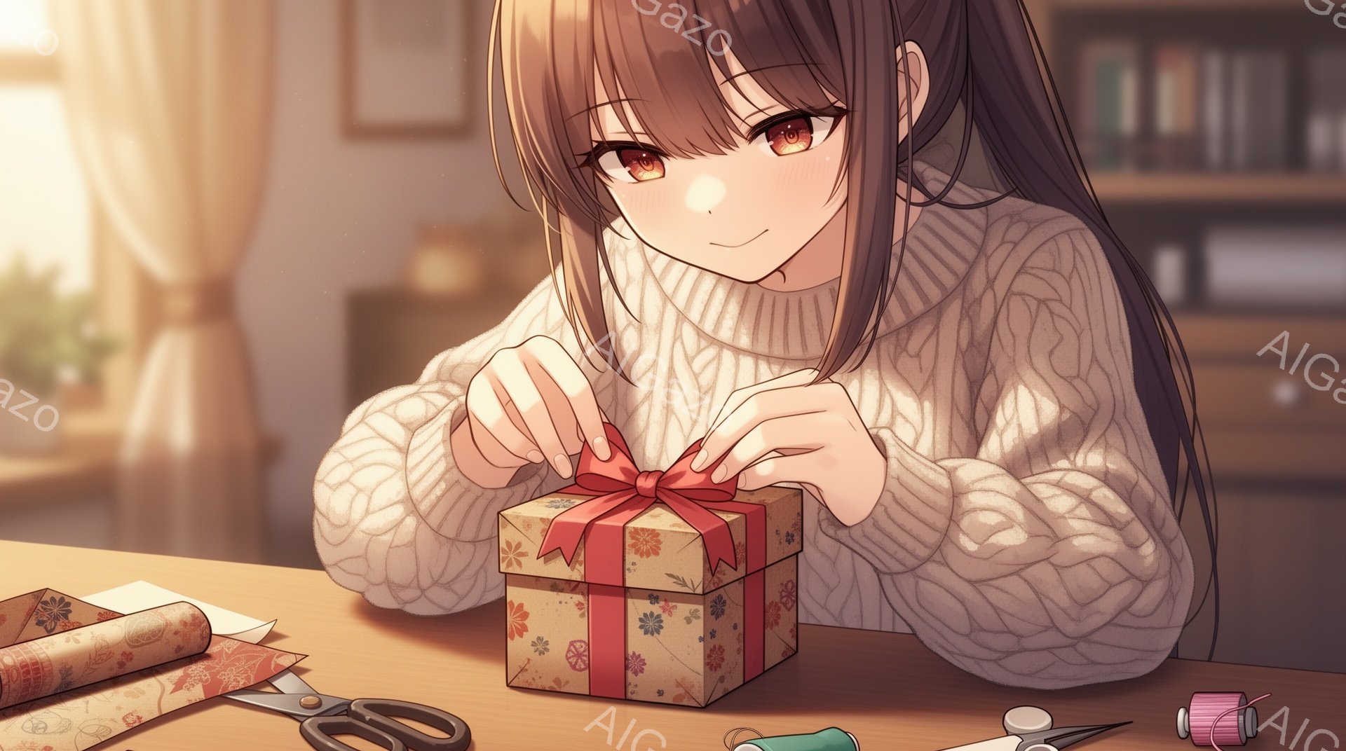 長い茶色の髪を持つ若い女性が、プレゼントの箱に赤いリボンを結んでいます。彼女はオフホワイトのケーブルニットセーターを着ており、顔には穏やかな笑顔が浮かんでいます。背景には木製の棚とぼやけた植物が見え、 - AI生成フリー素材