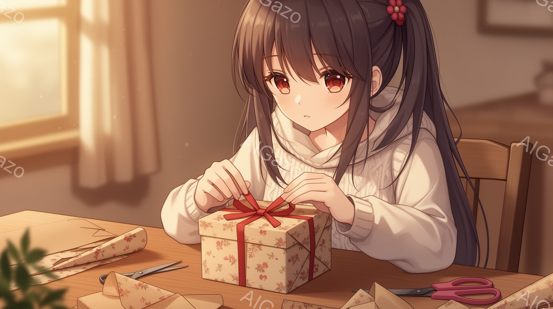 長い黒髪を背中に垂らし、赤いリボンで結んだ少女が描かれている。白いセーターを着て、ラッピングペーパーでプレゼントを丁寧に飾り付けている表情は真剣で、少し微笑んでいる。背景には木製のテーブルと、ぼんやり - AI生成フリー素材