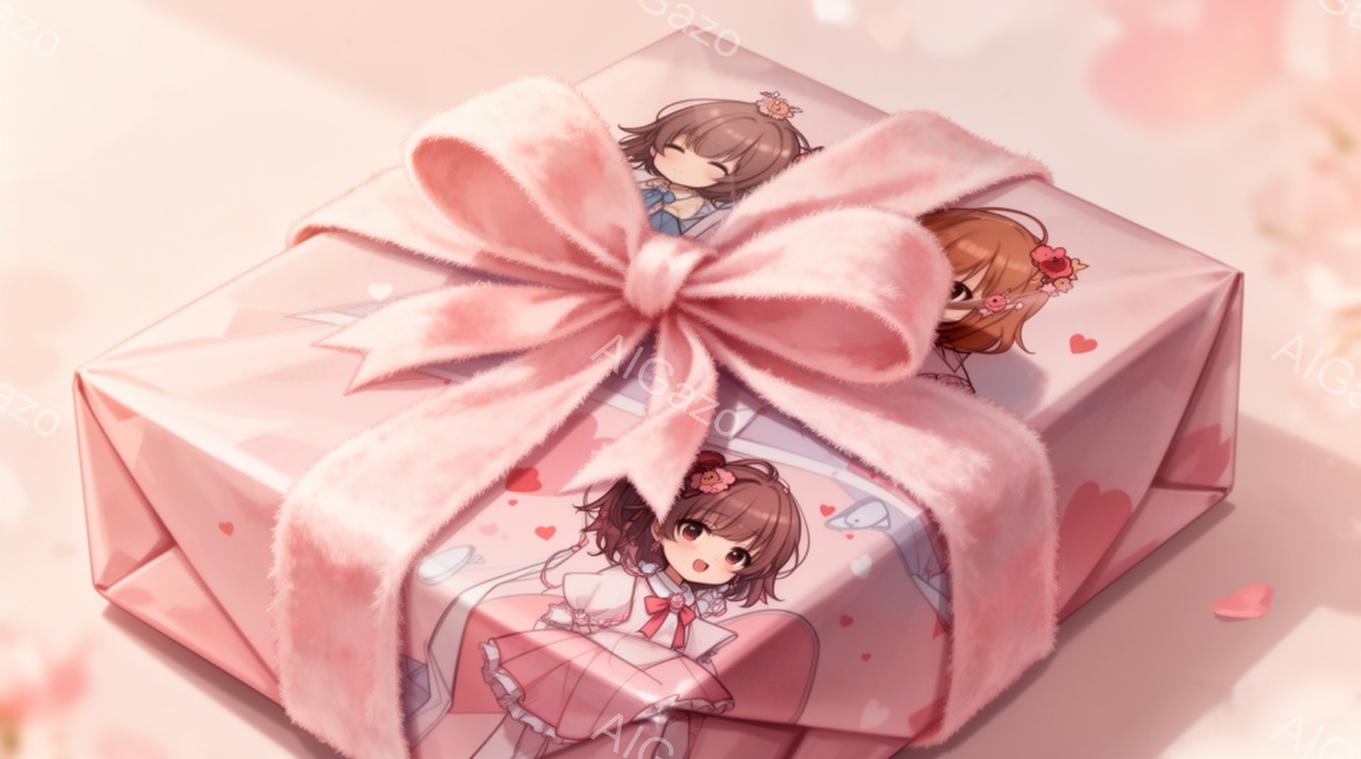 ふんわりとしたピンク色のギフトボックスが印象的な画像です。ボックスには、可愛らしい髪型でリボンをつけた少女たちのイラストが描かれており、優しい笑顔を浮かべています。背景は淡いピンク色で、舞い散る花びらがロマンチックな雰囲気を演出しています。