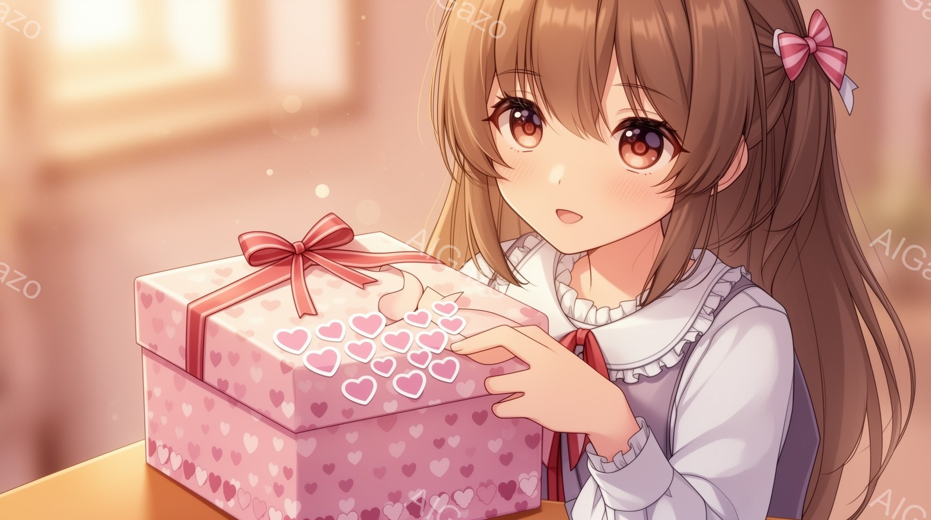 明るい茶色の髪をハーフアップにした少女が、ピンク色のハート柄のリボンが付いたプレゼントボックスを見つめている。白いフリル付きのブラウスを着ており、頬をほんのり赤らめ、優しい笑顔を浮かべている。背景はぼ - AI生成フリー素材