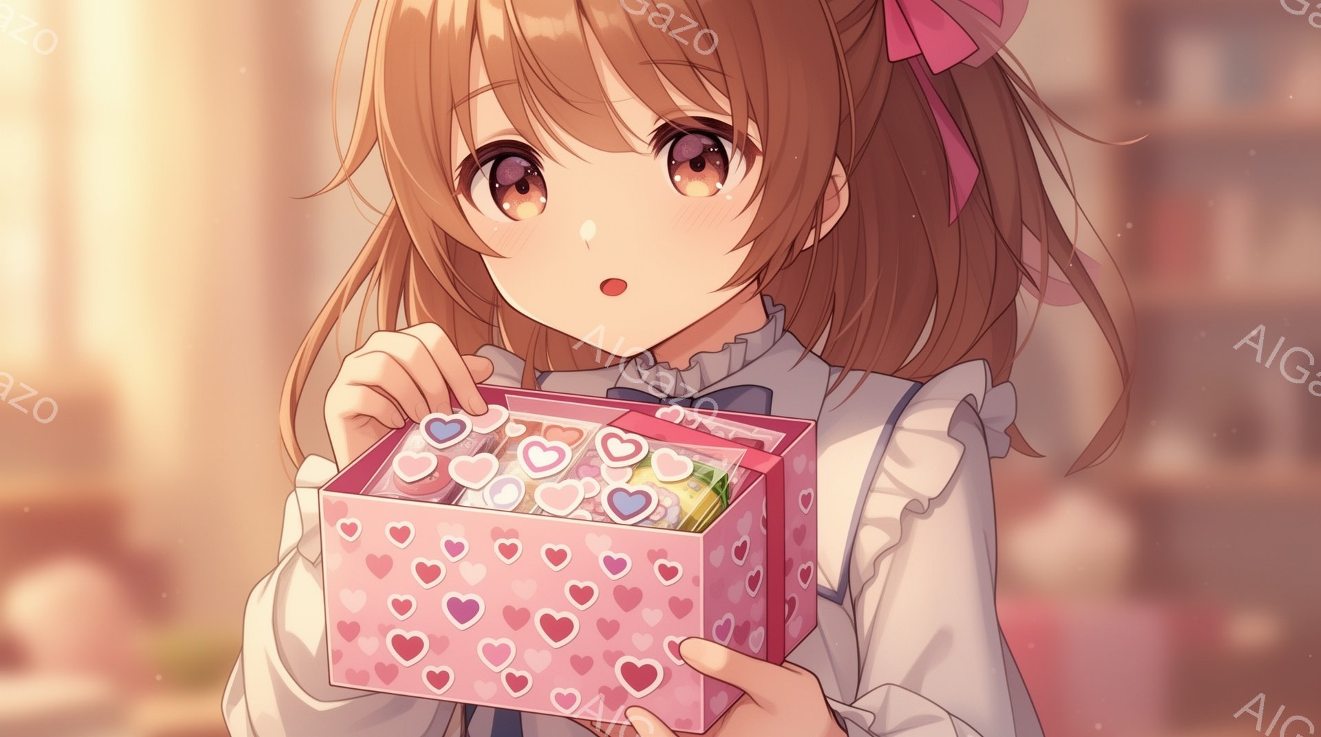 明るい茶色の髪にピンクのリボンをつけた少女が、ハート柄のピンク色のギフトボックスを持っています。彼女は驚いた表情で目を大きく見開き、白いフリル付きのブラウスを着ています。背景はぼかされており、暖かく優しい雰囲気が漂っています。