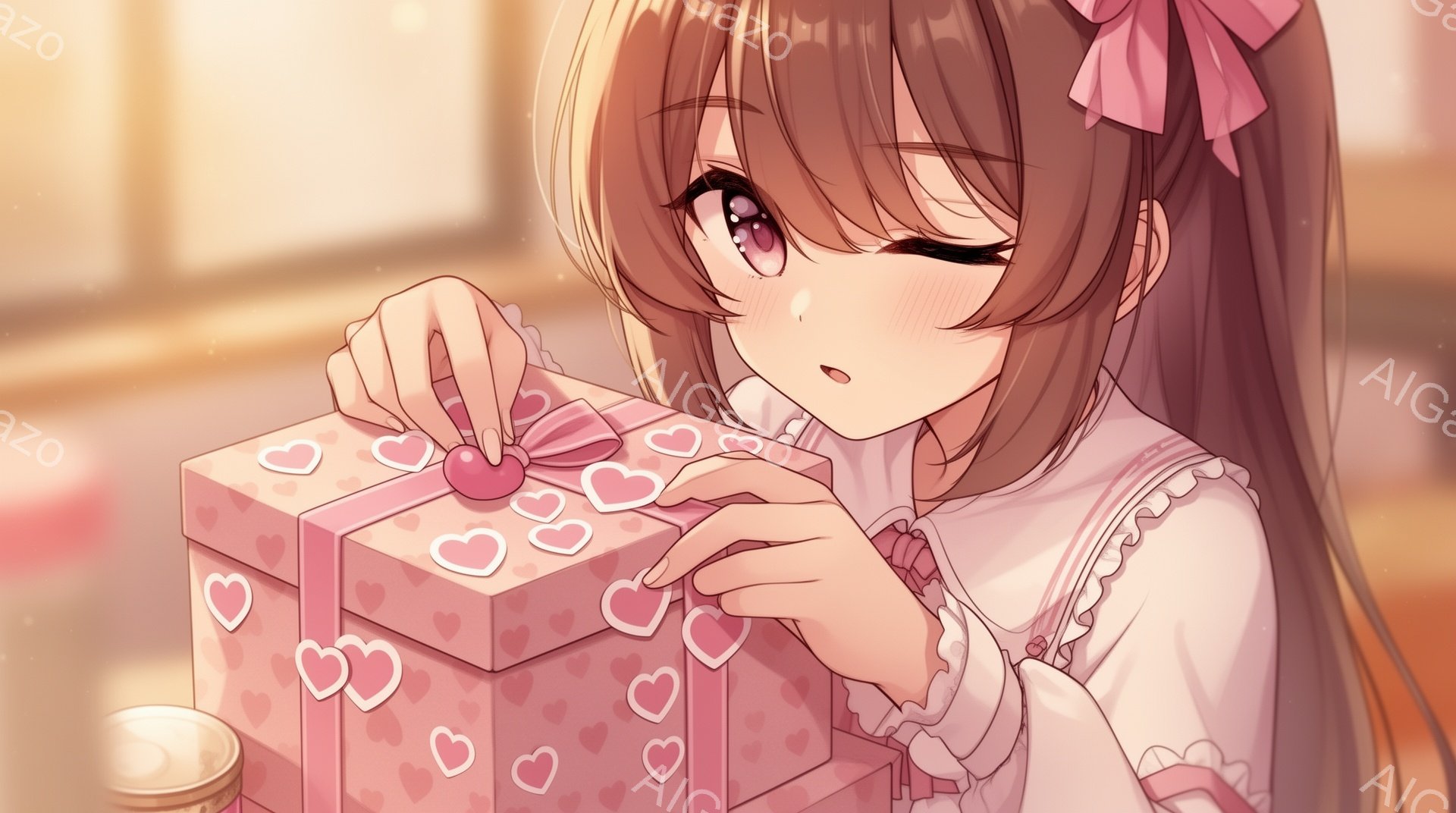 明るい茶色の髪をリボンで結んだ少女が、ピンク色のハート柄のギフトボックスに赤いリボンを結んでいます。白いフリル付きのブラウスを着ており、頬はほんのり赤く染まっていて、優しい笑顔を浮かべています。背景は - AI生成フリー素材