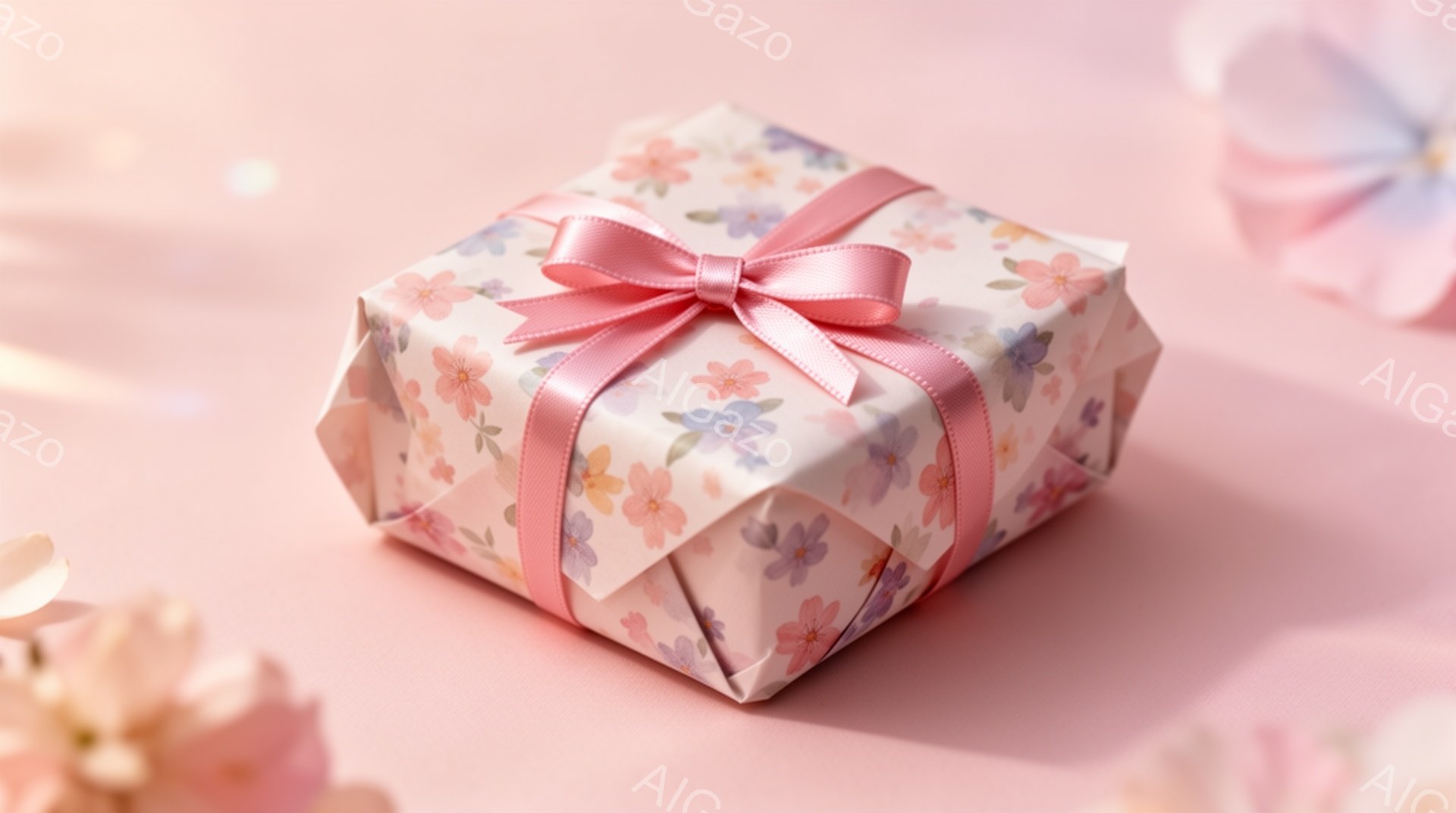 淡いピンク色の背景に、可愛らしい花柄の包装紙で包まれたプレゼントが中央に配置されています。プレゼントはリボンで結ばれており、右下と左上にぼんやりと桜の花びらが散りばめられています。全体的に柔らかく、春 - AI生成フリー素材
