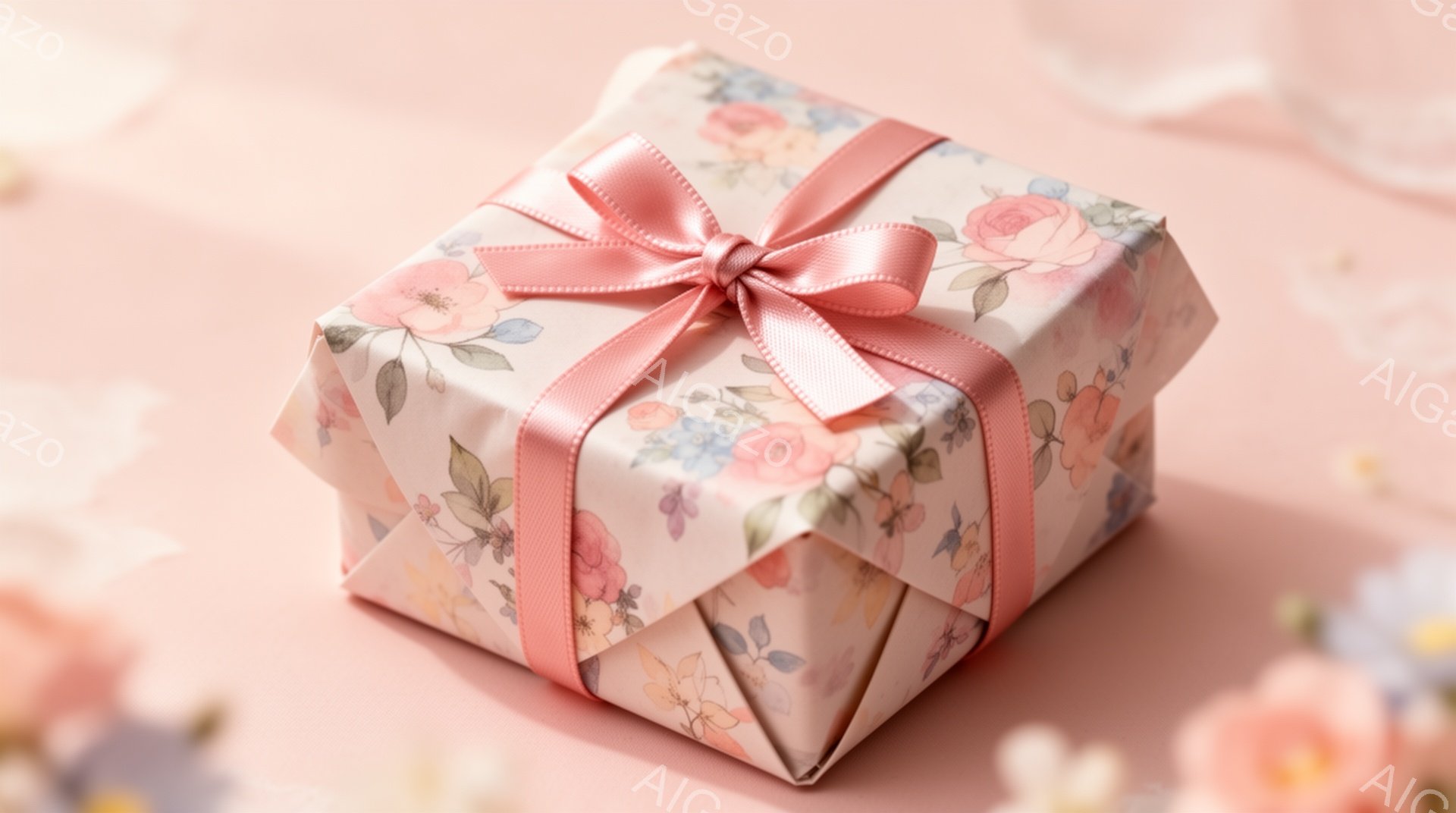 淡いピンク色の背景に、花柄のラッピングペーパーで丁寧に包まれたギフトボックスが置かれています。リボンは明るいピンク色で、可愛らしい印象を与えます。周りには同系の色の花々が散りばめられており、優雅で温か - AI生成フリー素材