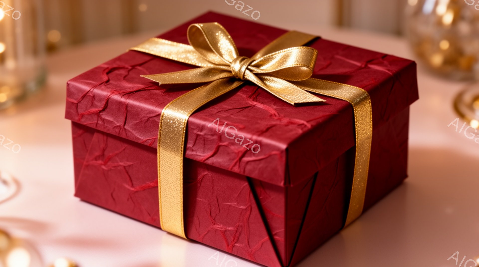 深紅色のギフトボックスが、金色のリボンで美しくラッピングされています。箱の質感はシワがあり、上品な印象を与えます。背景にはぼんやりと光る装飾が見え、全体的に華やかで温かい雰囲気を醸し出しています。 - AI生成フリー素材