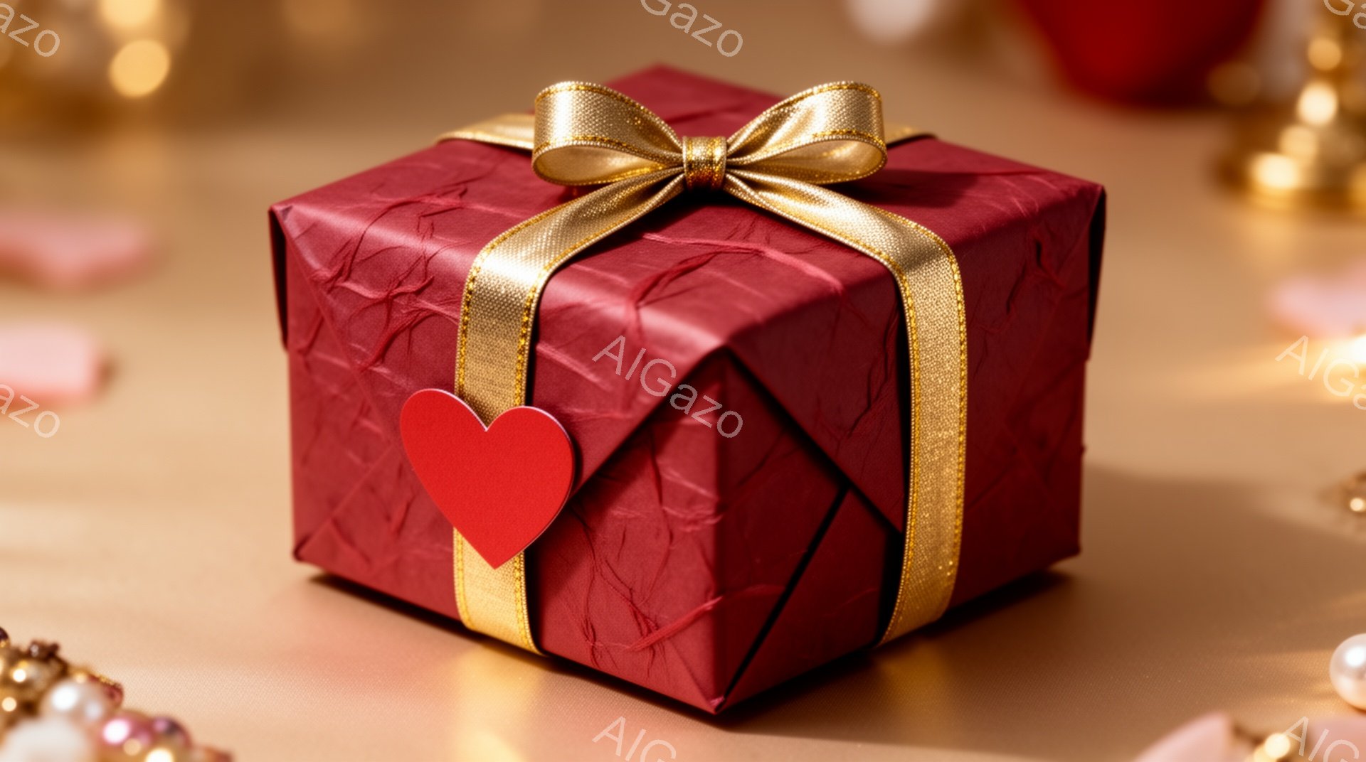 深紅色のギフトボックスが、金色のリボンで飾られ、小さな赤いハートのタグがついています。背景はぼやけた金色の光と、ほのかに見える装飾品で、ロマンチックで温かい雰囲気を醸し出しています。贈り物を受け取る期 - AI生成フリー素材