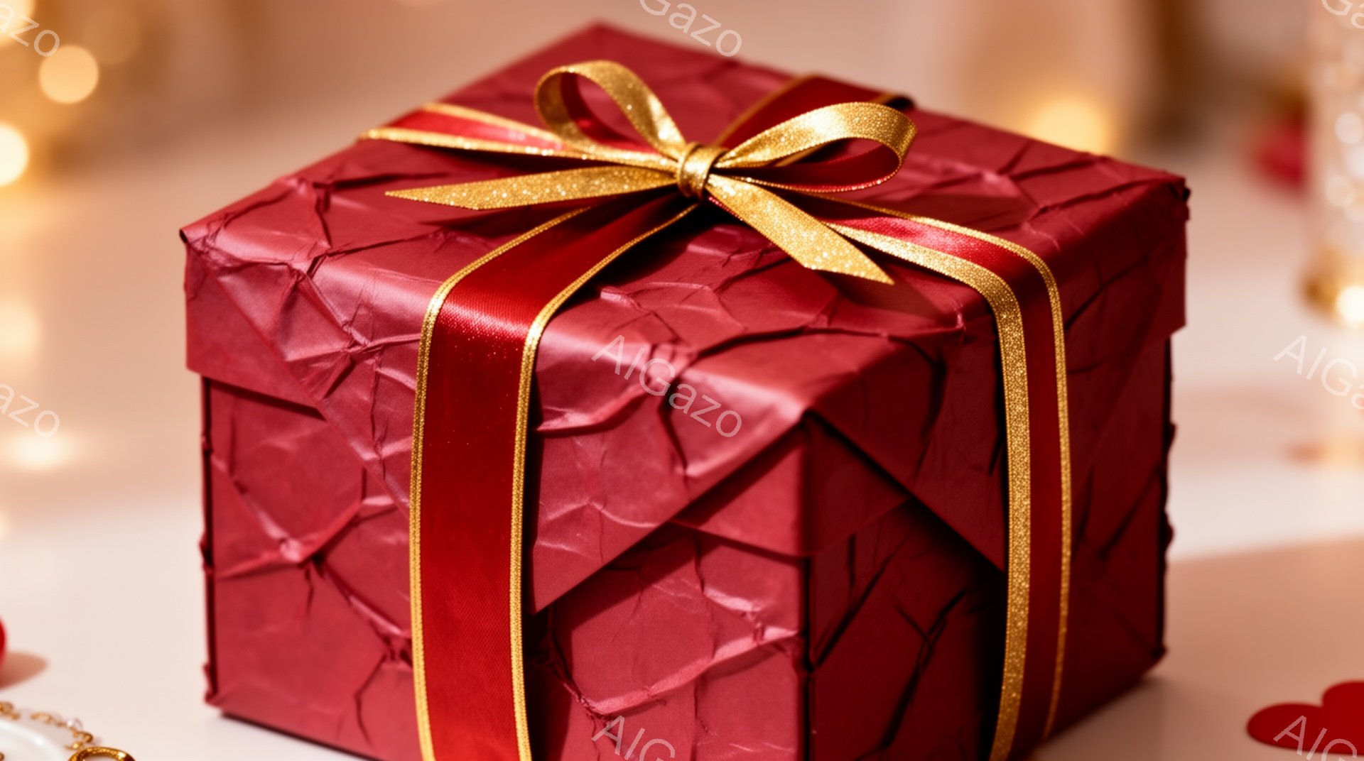 深紅色の包装紙で丁寧に包まれたギフトボックスが中央に配置されています。金色のリボンが結ばれており、上品な印象を与えます。背景にはぼやけた光のぼかしがあり、ロマンチックで温かい雰囲気を醸し出しています。