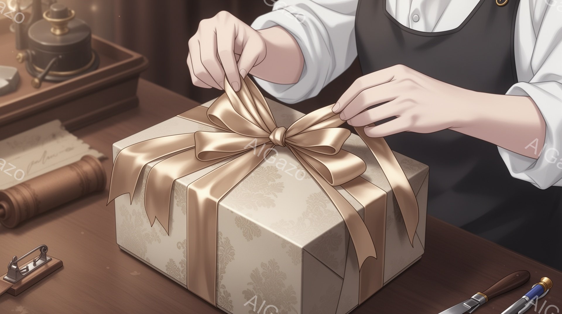 包装されたプレゼントが木製のテーブルの上に置かれ、誰かがリボンを結びかけている様子が描かれています。プレゼントはベージュ色の背景に金色の模様が施され、淡いベージュのリボンで上品に飾られています。背景に - AI生成フリー素材