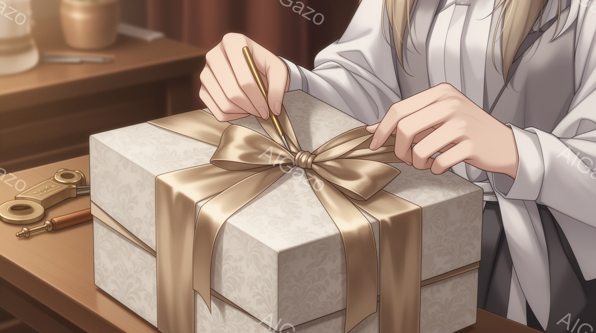 金色のリボンを丁寧に結んでいる人物の手元が描かれている。背景には、木製のテーブルとアンティーク調の鍵、そしてぼんやりとした暖色系の背景が見える。全体的に落ち着いた雰囲気で、ギフトラッピングに集中してい - AI生成フリー素材