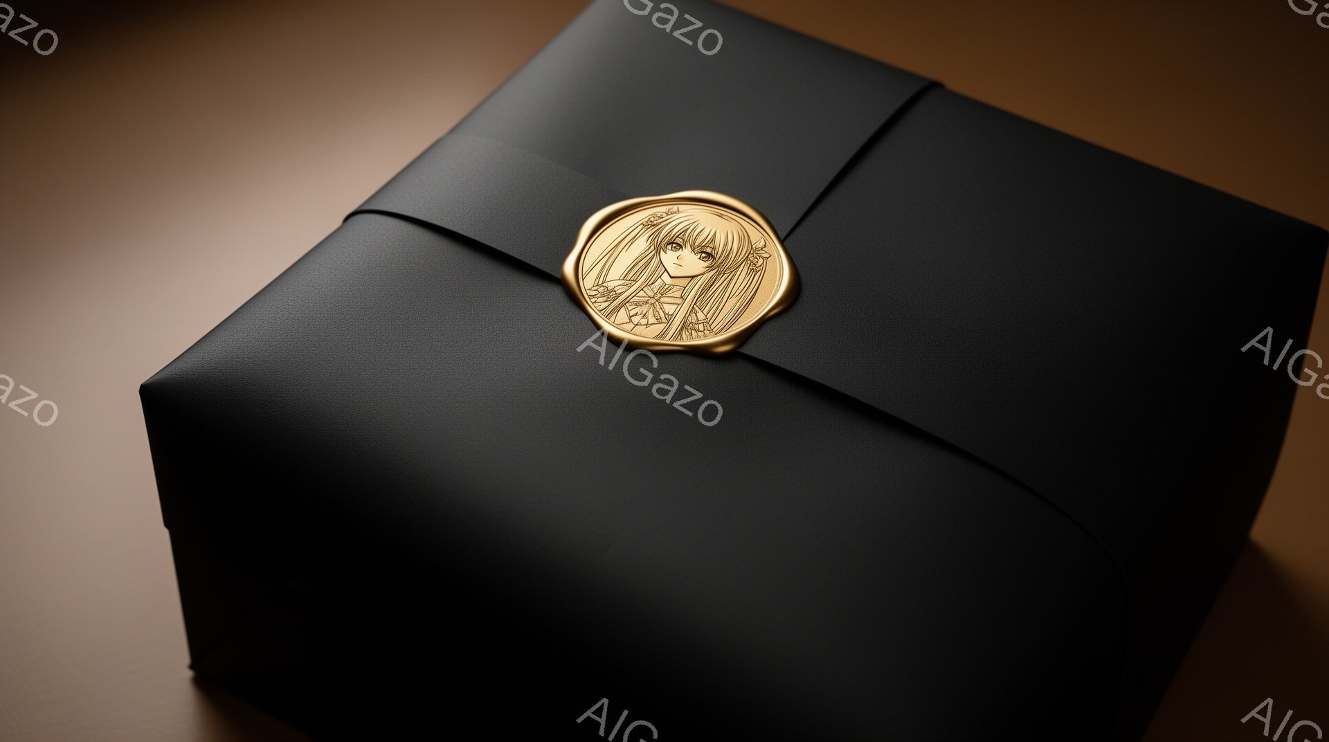 黒色のギフトボックスに金色の封蝋が貼られています。封蝋には、長い金髪で、リボンとフリル付きのドレスを着た若い女性の肖像が描かれています。女性は微笑んでおり、優雅で上品な雰囲気が漂っています。