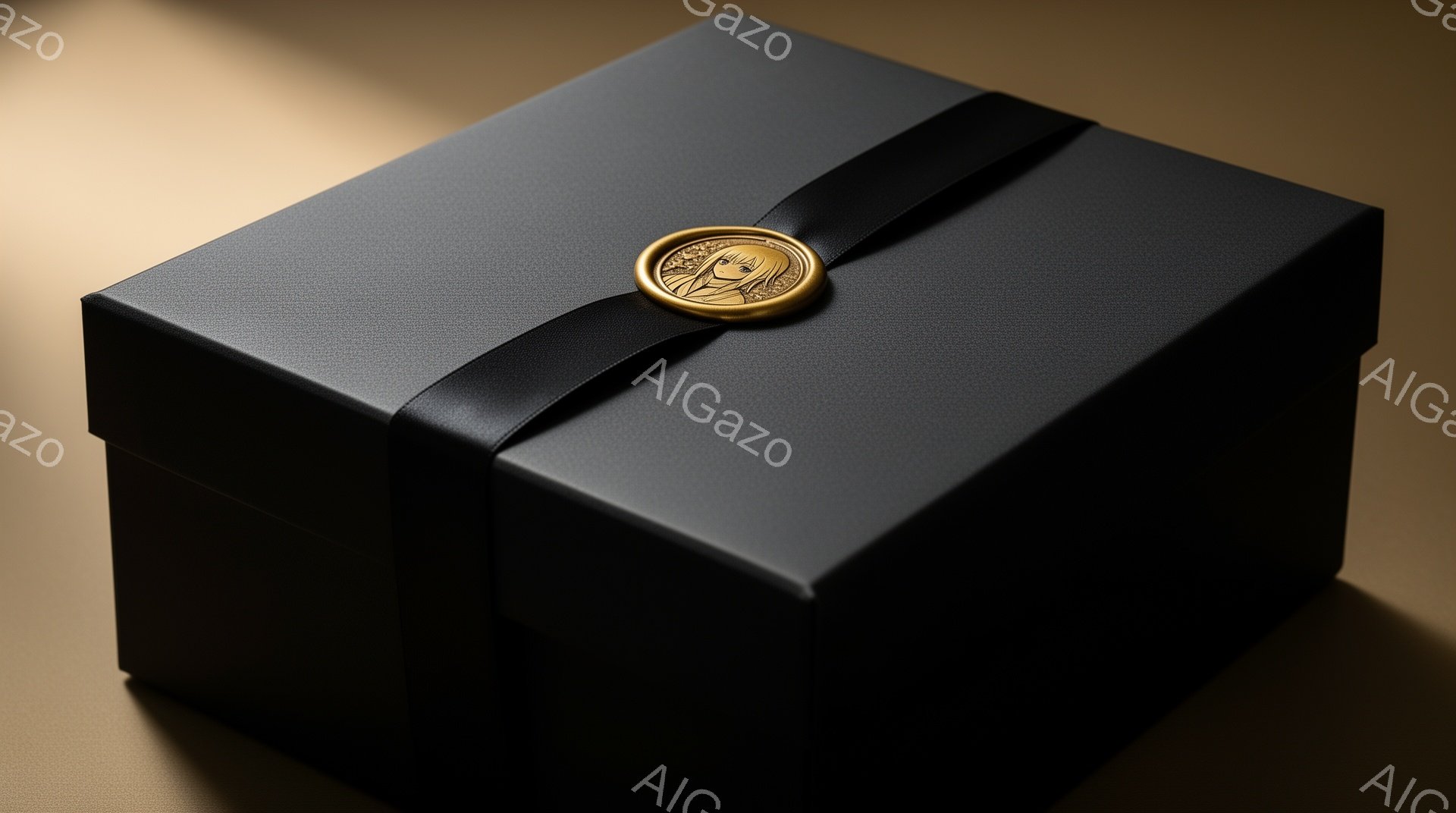 黒色の箱が、茶色のリボンで結ばれており、リボンの中央には人物の肖像画が描かれた金色のシールが付いています。肖像画の人物は、長い金髪と赤いリボン飾り、やや憂いを帯びた表情の若い女性です。背景はぼかした金色で、箱が強調され、上品でミステリアスな雰囲気を醸し出しています。