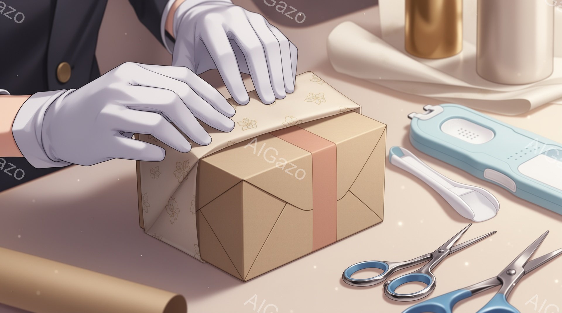 ベージュ色のギフトボックスをラッピングする手が写っている。手には白い手袋がはめられ、包装紙には小さな花柄が描かれている。背景には、包装用のハサミやリボン、そして包装紙が散らばっており、優しい雰囲気のギ - AI生成フリー素材