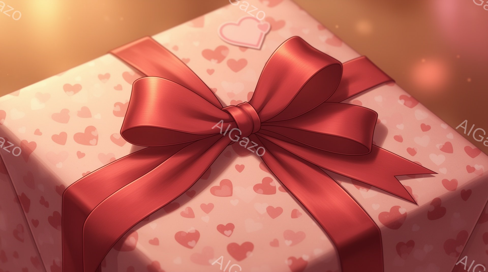 ピンク色の包装紙に赤いリボンが巻かれたギフトボックスが描かれています。包装紙には小さなハートの模様が全体に散りばめられており、暖かくロマンチックな雰囲気を醸し出しています。背景はぼやけており、ギフトボックスが主な焦点となっています。