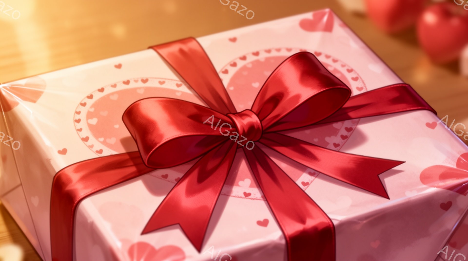 ピンク色のギフトボックスが、赤いリボンで美しくラッピングされています。ボックス全体には小さなハート柄が散りばめられており、背景にはぼやけた光の粒子と、何かの赤いものが少しだけ見えます。温かくロマンチッ - AI生成フリー素材