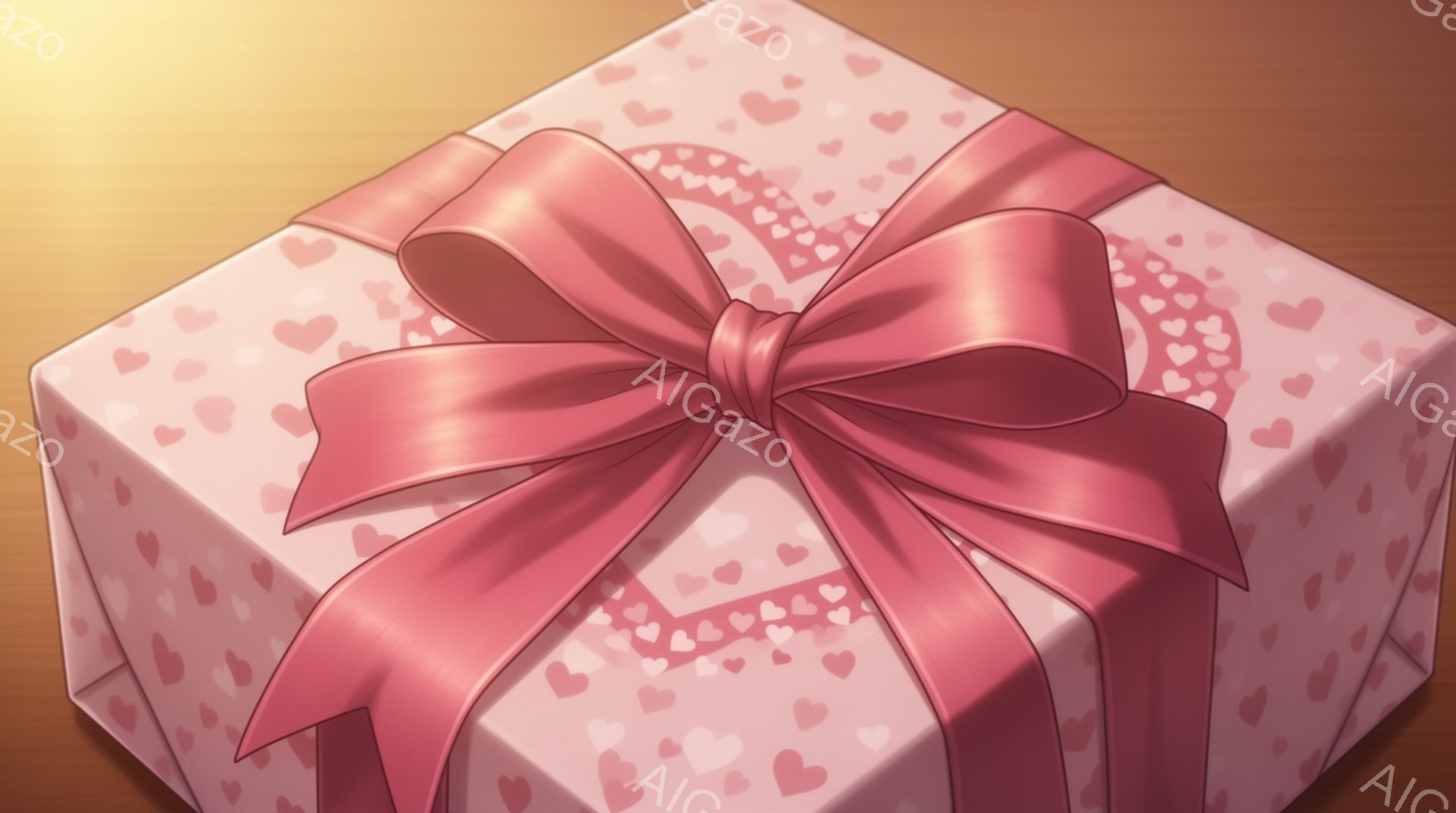 ピンク色の包装紙で丁寧に包まれたプレゼントが写っている。包装紙には小さなハートの模様が散りばめられ、リボンは鮮やかなピンク色で、きれいに結ばれている。背景はぼかされており、プレゼントが中心となるように焦点が当てられている。