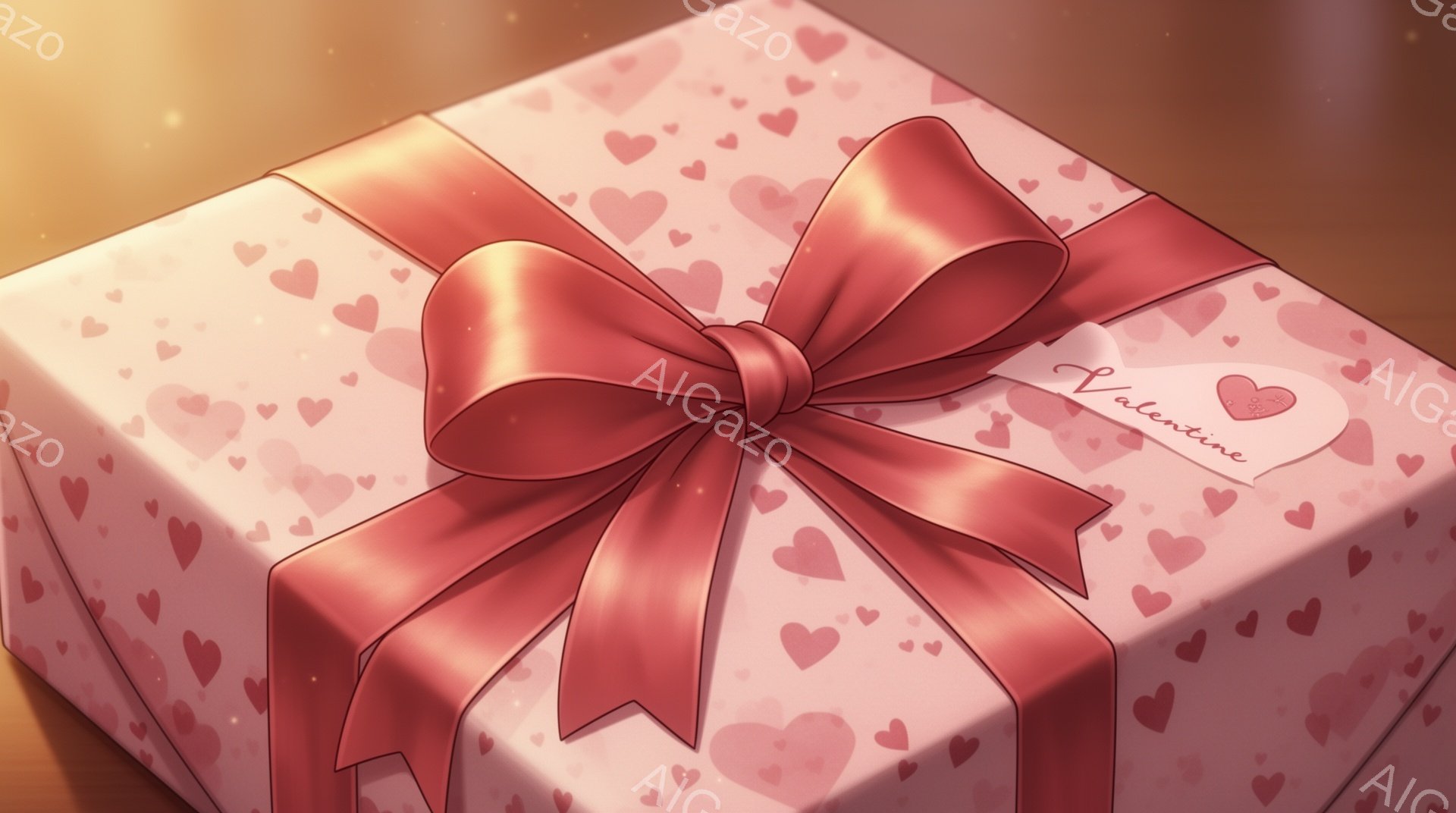鮮やかなピンク色のラッピングペーパーで丁寧に包まれたギフトボックスが写っています。可愛らしいハート柄が全体を覆い、大きなリボンが中央で結ばれています。背景はぼかされており、ギフトボックスが際立っており、ロマンチックで温かい雰囲気を醸し出しています。