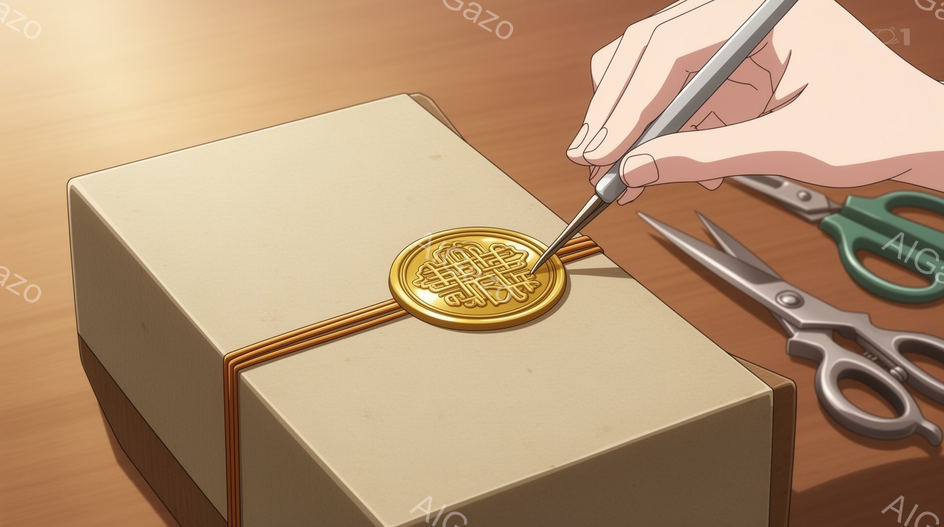 ベージュ色の箱が茶色の紐で結ばれており、中央には金色の紋章が押された蝋印が付いている。誰かの手が銀色のハサミで紐を切ろうとしている様子が描かれている。背景は木目調の茶色で、全体的に落ち着いた雰囲気である。