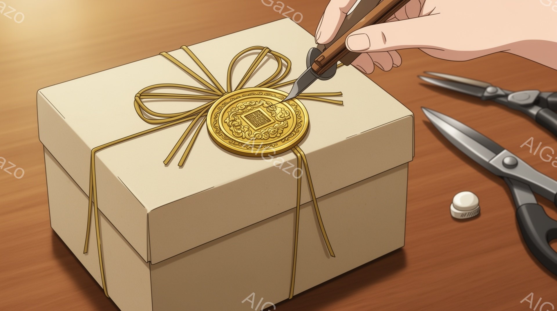 画像には、リボンで結ばれた茶色の箱と、それを開けようとしている手が写っています。箱の中央には金色の封印が貼られており、周囲には小さなハサミと白いキャップの容器が置かれています。木目調のテーブルが背景に見え、全体的に落ち着いた、静謐な雰囲気が漂っています。