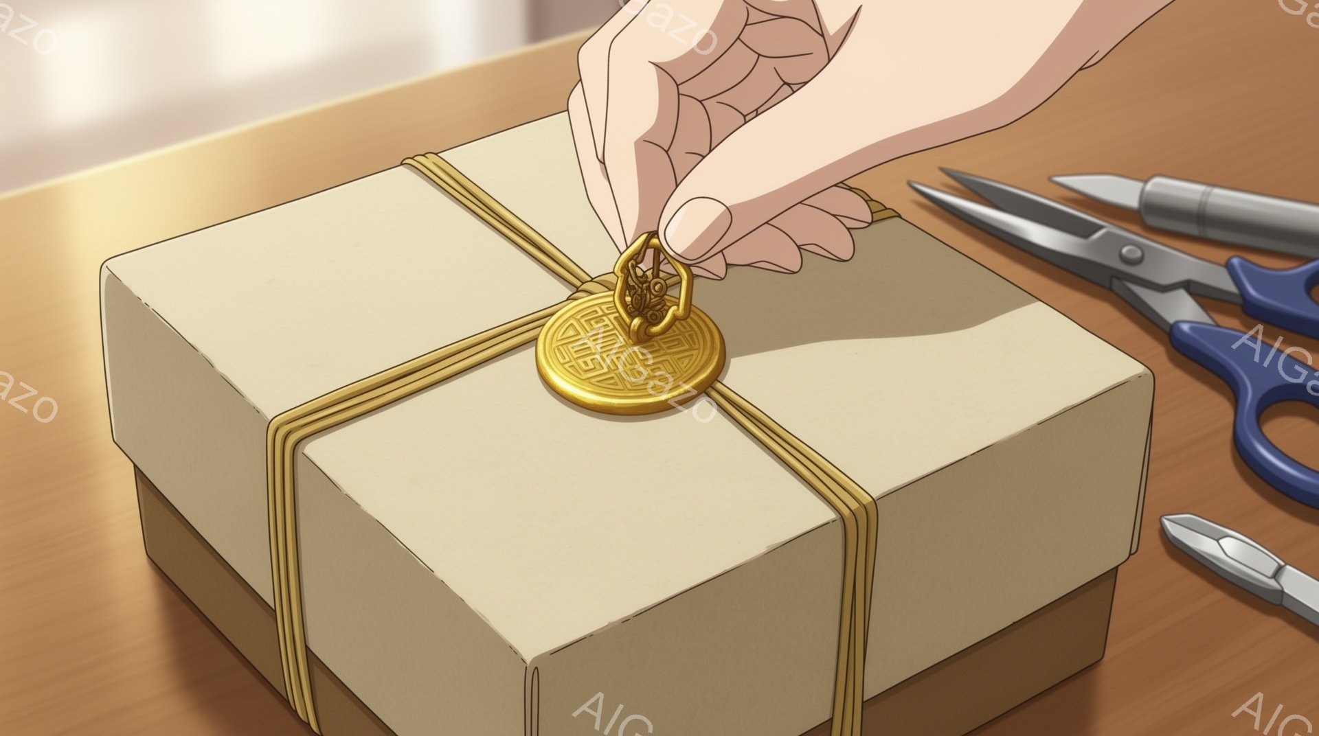 画像には、茶色の紐で縛られた正方形の小包が写っている。金色の飾り紐が小包に結び付けられ、手によってその紐が持たれている。背景には木製のテーブルと、金属製のハサミがわずかに写っており、全体的に落ち着いた雰囲気である。