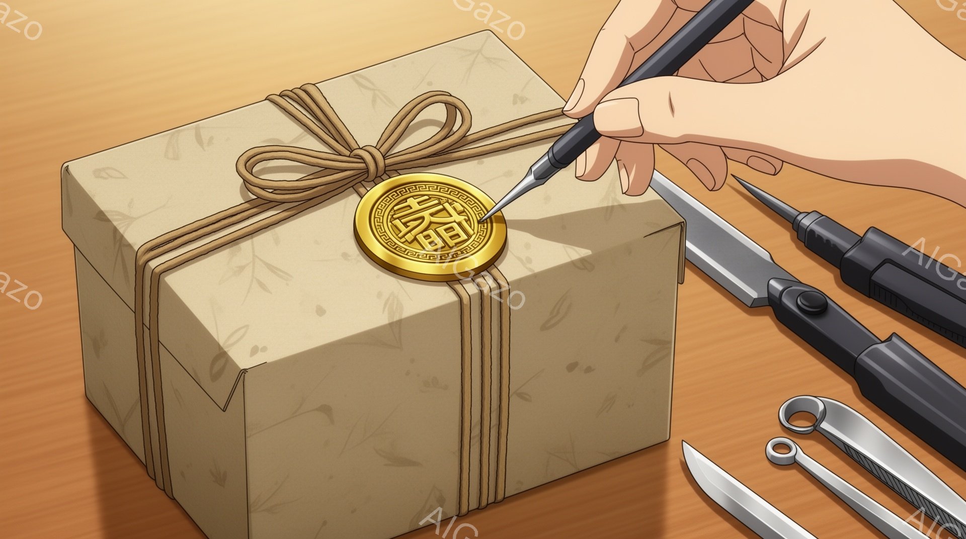 梱包された箱が、茶色の包装紙で丁寧に包まれ、麻紐で結ばれており、中央には金色の封印が押されています。箱の横には、黒い柄のハサミと鋭利な刃物があり、包装紙には繊細な植物模様が描かれています。全体的に落ち着いた色調で、何かの贈り物や重要な品物を慎重に扱う様子が伺えます。