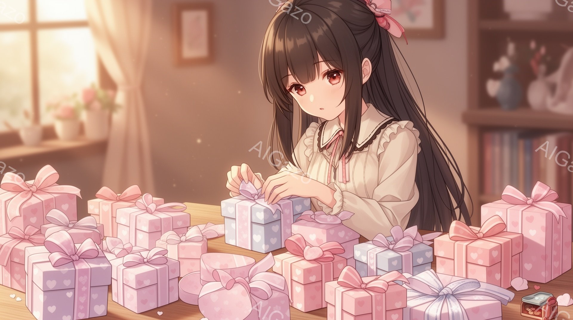 長い黒髪にピンクのリボンを付けた少女が、テーブルの上に並んだたくさんのプレゼントのラッピングをしている様子が描かれています。白いブラウスにピンク色のリボンがアクセントになった服装で、少し疲れたような表 - AI生成フリー素材