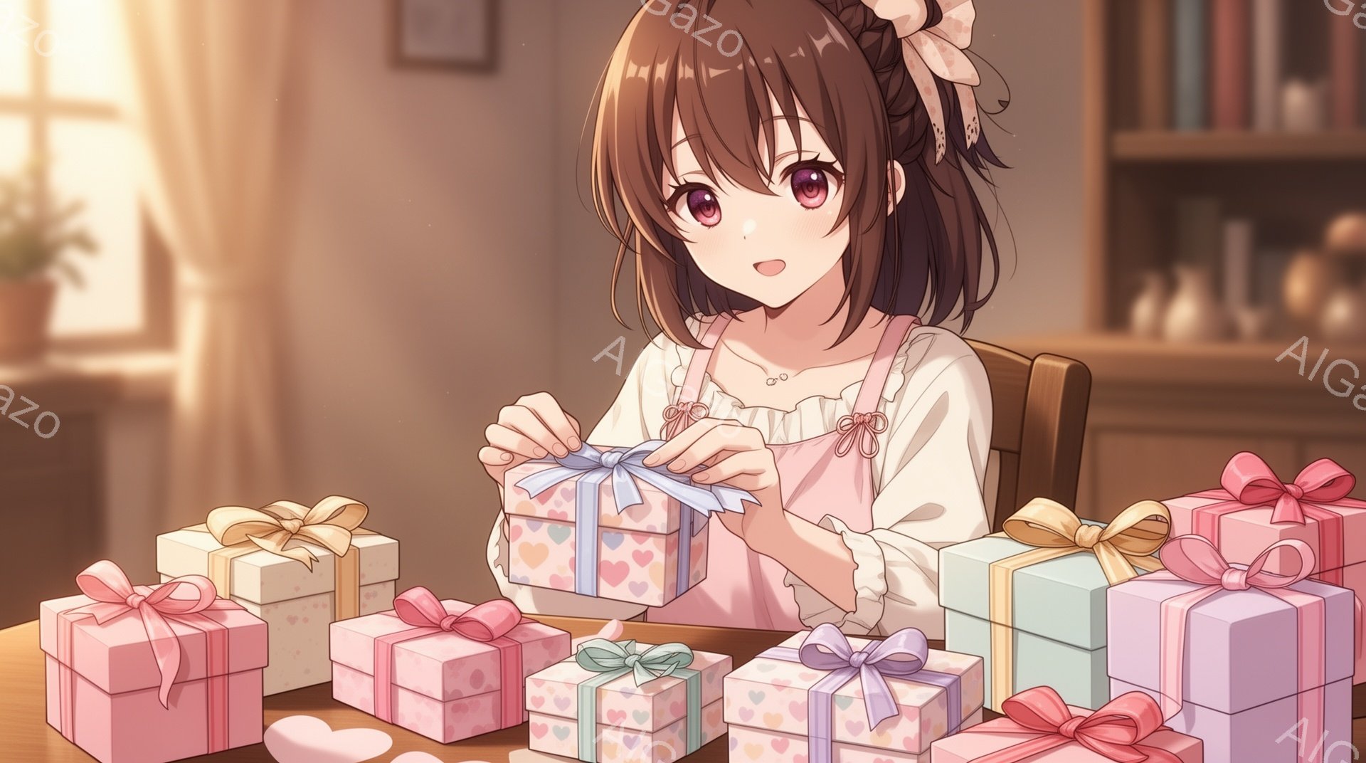茶色の髪をハーフアップにした少女が、リボンで結ばれたプレゼントボックスを手にしています。彼女は明るいピンク色のワンピースを着ており、優しい笑顔を浮かべています。背景には本棚と窓があり、温かく穏やかな雰 - AI生成フリー素材