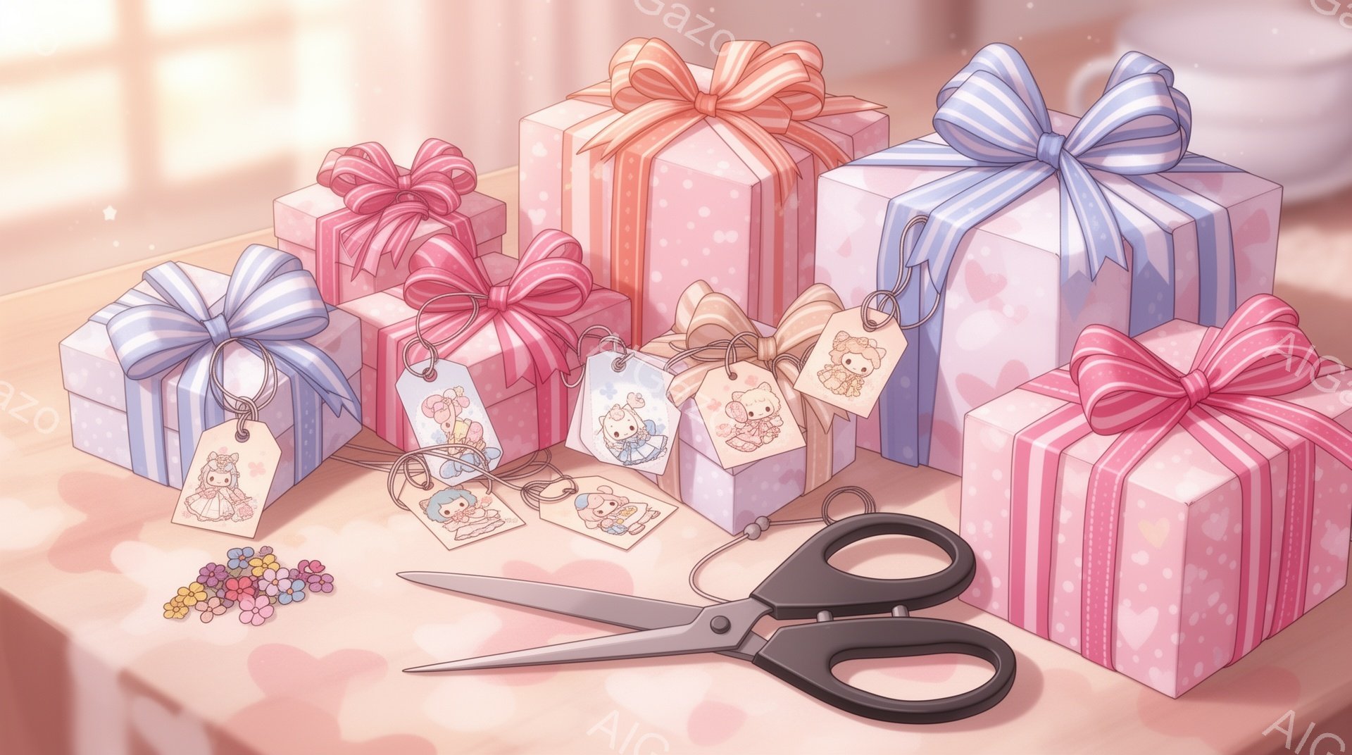 柔らかいピンク色の背景に、リボンで飾られたギフトボックスが並べられています。各ボックスには可愛らしいイラストのタグが付き、小さなビーズと黒いハサミが添えられています。全体的に、夢のような可愛らしい雰囲気で、贈り物を準備している様子が伺えます。