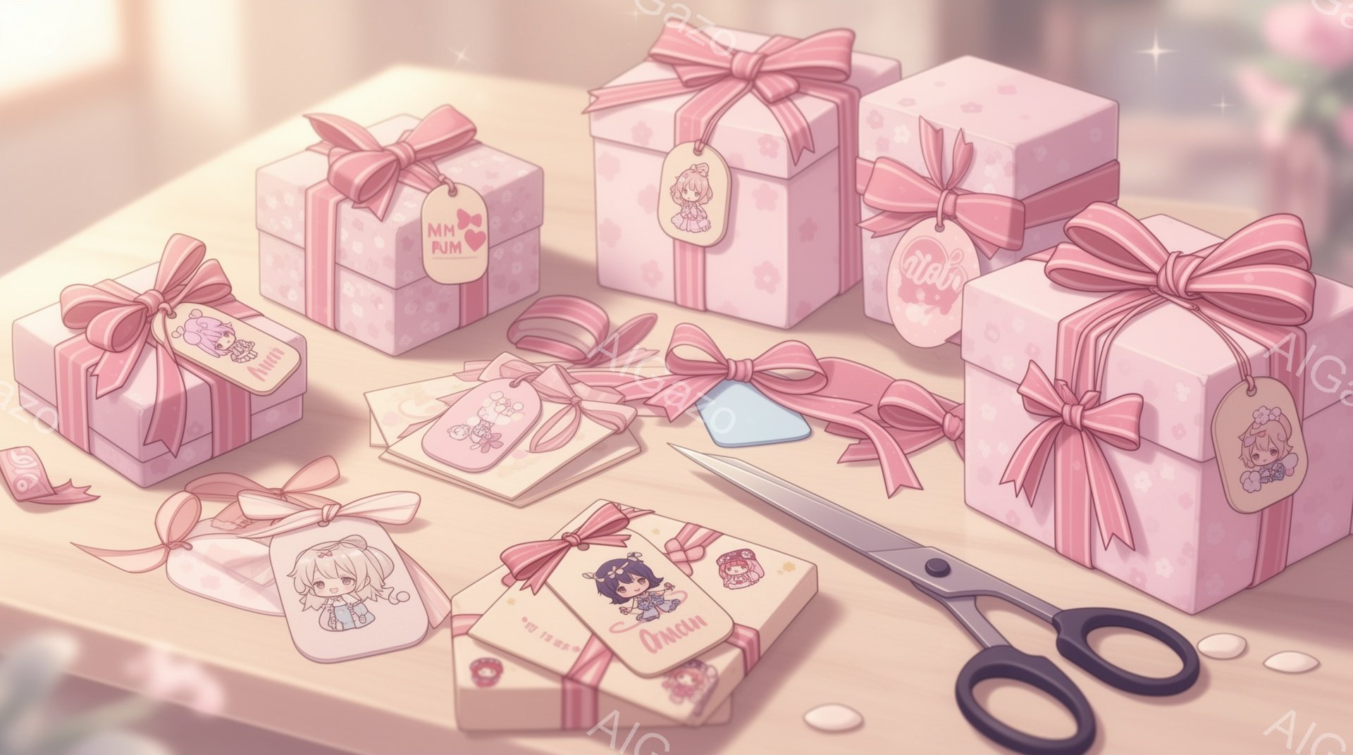 複数のピンク色のギフトボックスが、明るい背景に配置されています。各ボックスには、可愛らしいイラストが描かれたタグと、ピンクのリボンが結ばれています。ボックスの隣には、カッターマットとハサミが置かれてお - AI生成フリー素材