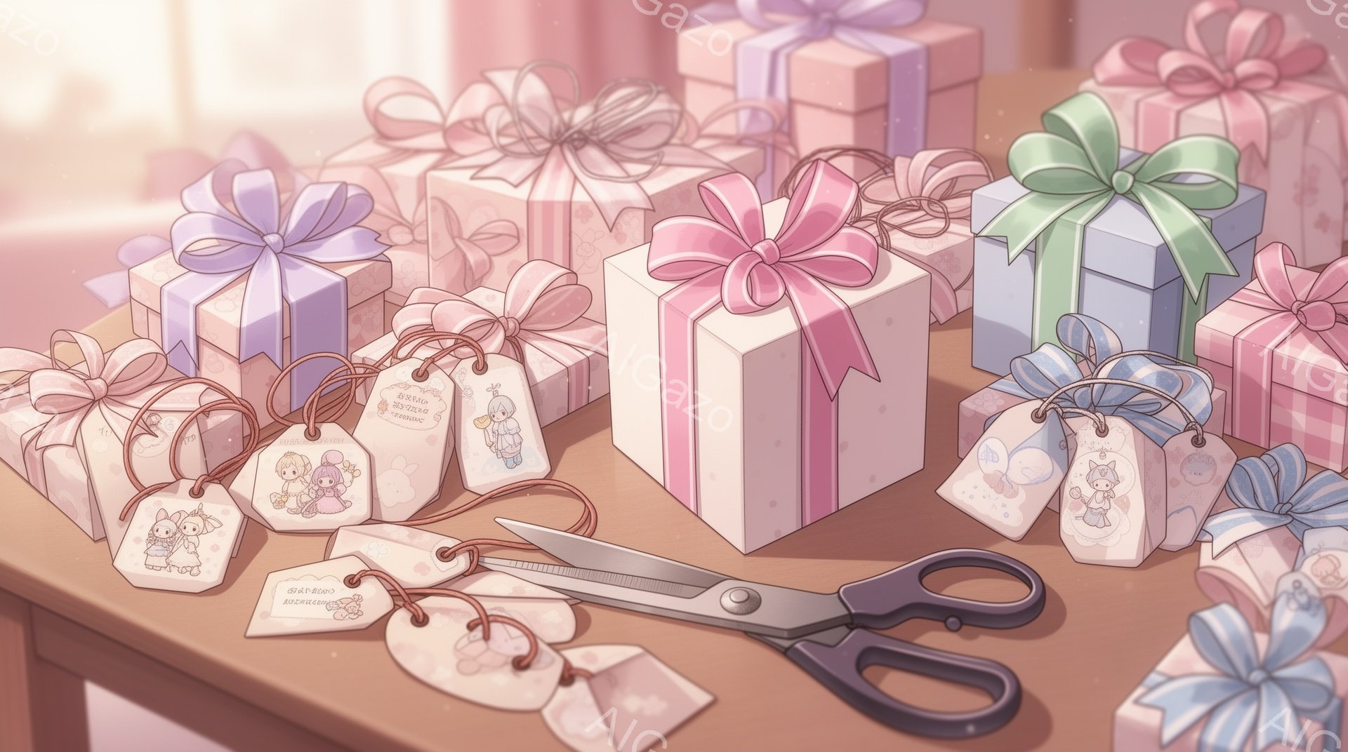 テーブルの上には、様々な色のリボンで飾られたギフトボックスが整然と並べられています。各ボックスには、可愛らしいイラストが描かれたタグが結び付けられており、その隣には使い込まれたハサミが置かれています。全体的に柔らかい光が差し込み、温かく優しい雰囲気を醸し出しています。