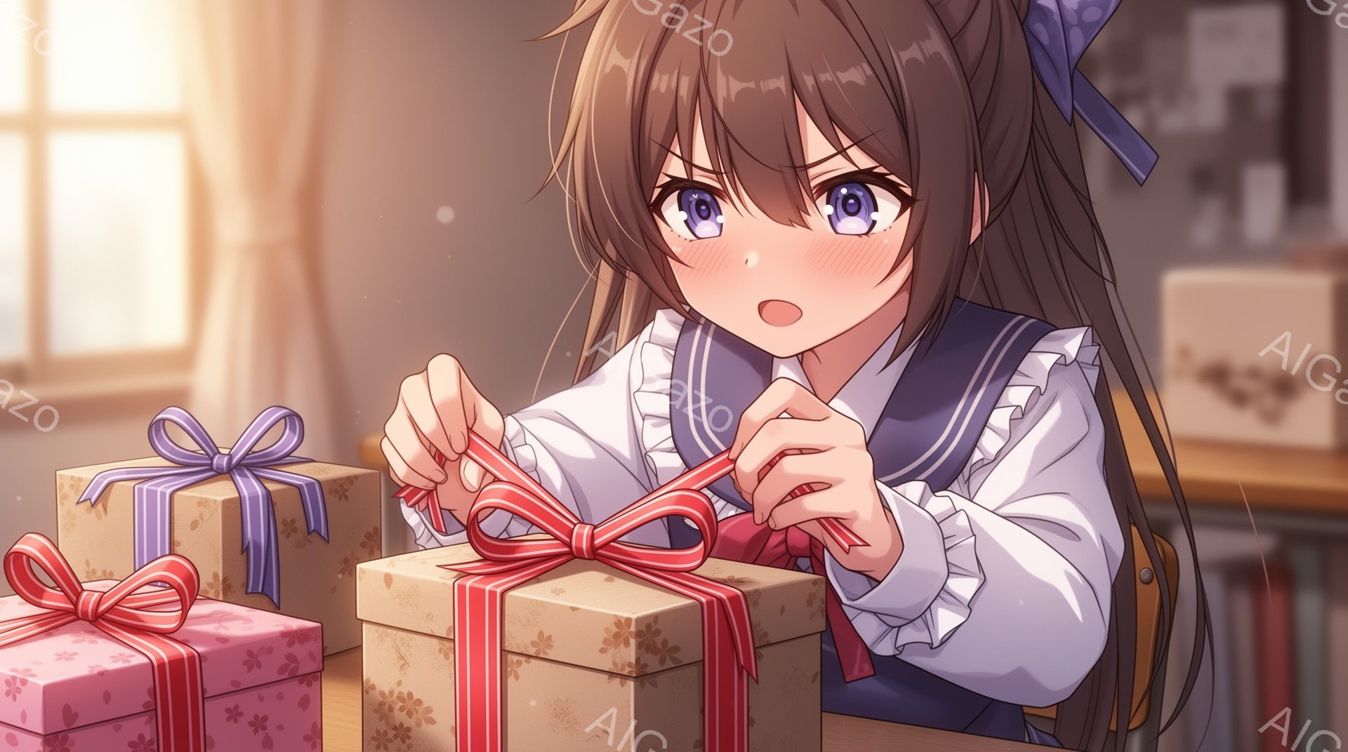 明るい茶色の長い髪をリボンで結んだ少女が、ラッピングされたプレゼントの箱にリボンを結び直している。白いブラウスにネイビーのベスト、茶色のスカートという制服姿で、少し頬を赤らめ、集中した表情を見せている - AI生成フリー素材