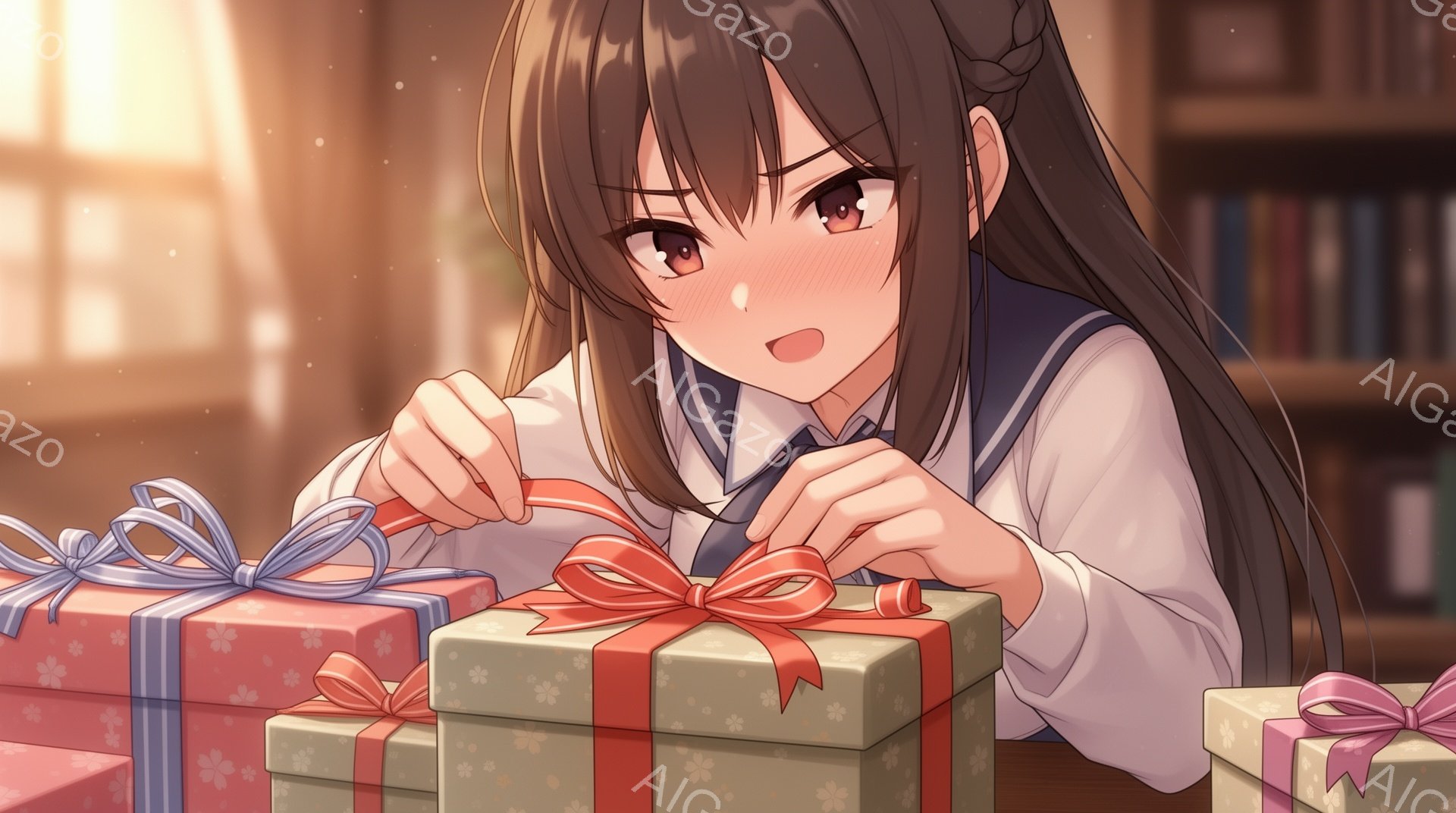 長い黒髪をほどこした少女が、プレゼントのラッピングを行っています。彼女は白いシャツに紺色のリボンをつけた制服を着ており、集中した表情で赤いリボンを結んでいます。背景には本棚が並び、温かく優しい光が差し - AI生成フリー素材