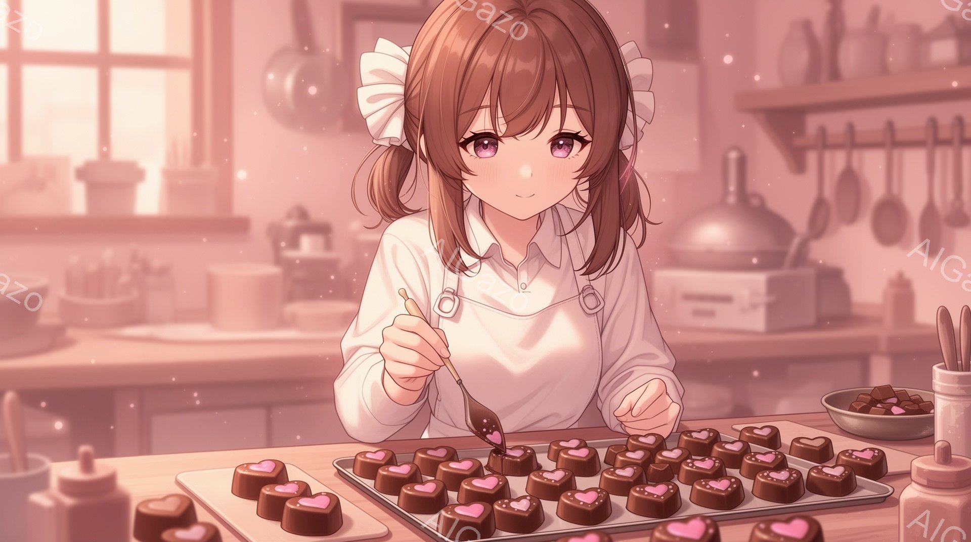 茶色の髪をツインテールにし、白いエプロンを着た若い女性が、チョコレートのハート型のお菓子にデコレーションを施している。彼女は微笑んでおり、集中して小さなクリームをチョコレートに乗せている様子だ。背景に - AI生成フリー素材