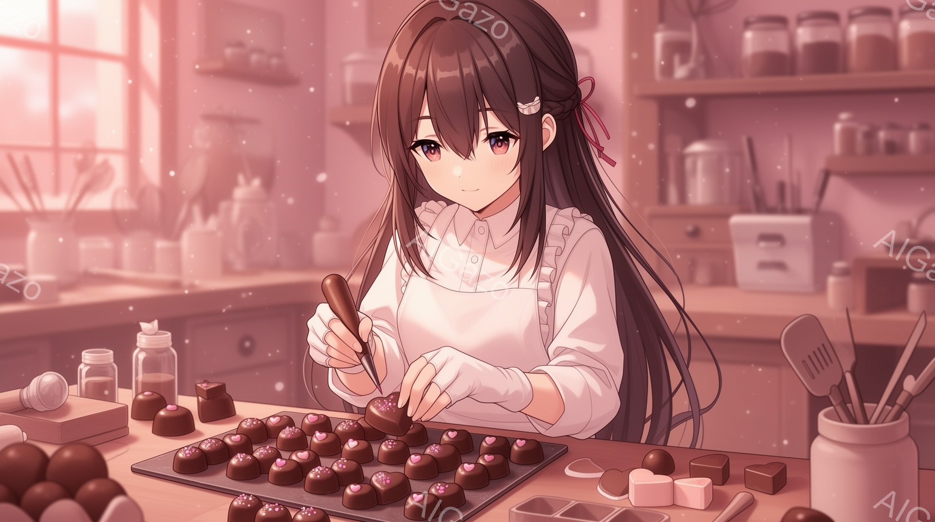 長い黒髪をリボンで結んだ少女が、チョコレートにデコレーションを施している。白いブラウスに袖を通して、真剣な表情で丁寧に作業に取り組んでいる。背景にはキッチン用品が並び、温かく穏やかな雰囲気が漂っている - AI生成フリー素材